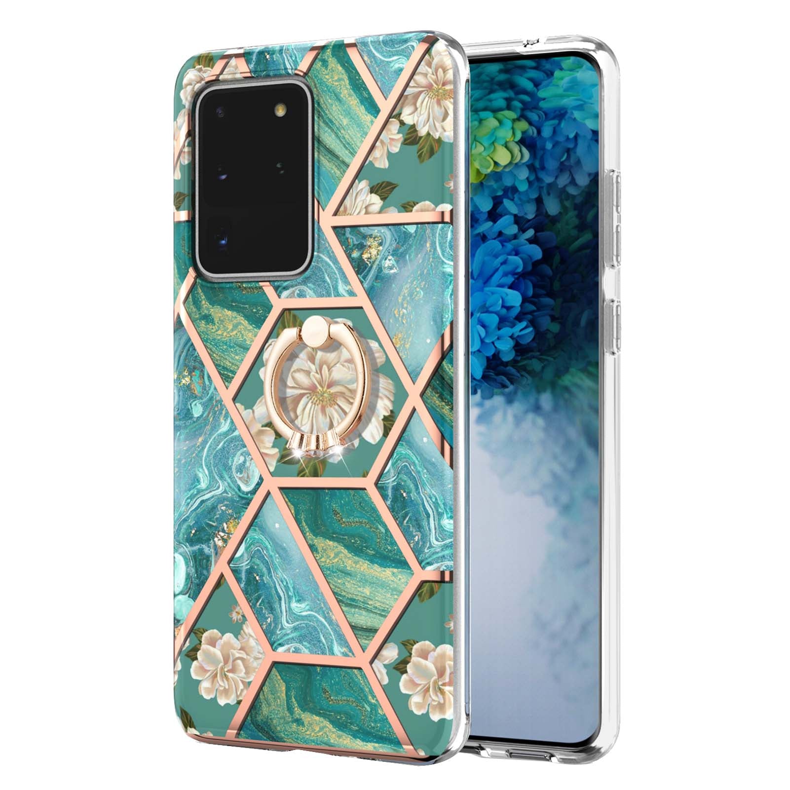 Marble Pattern IMD Design Soft TPU Shockproof Anti Slip Case with Ring Holder Kickstand for Samsung Galaxy S20 Ultra - Blue Flowers