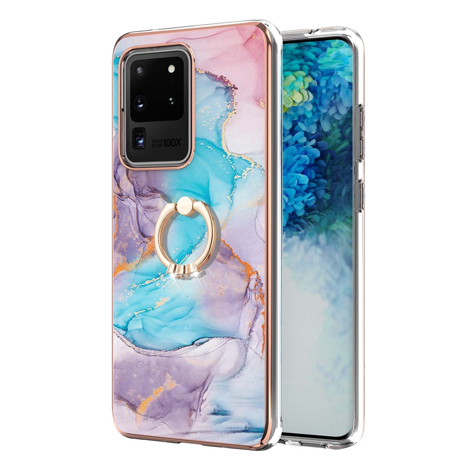 Marble Pattern IMD Design Soft TPU Shockproof Anti Slip Case with Ring Holder Kickstand for Samsung Galaxy S20 Ultra - Milky Way Marble Blue