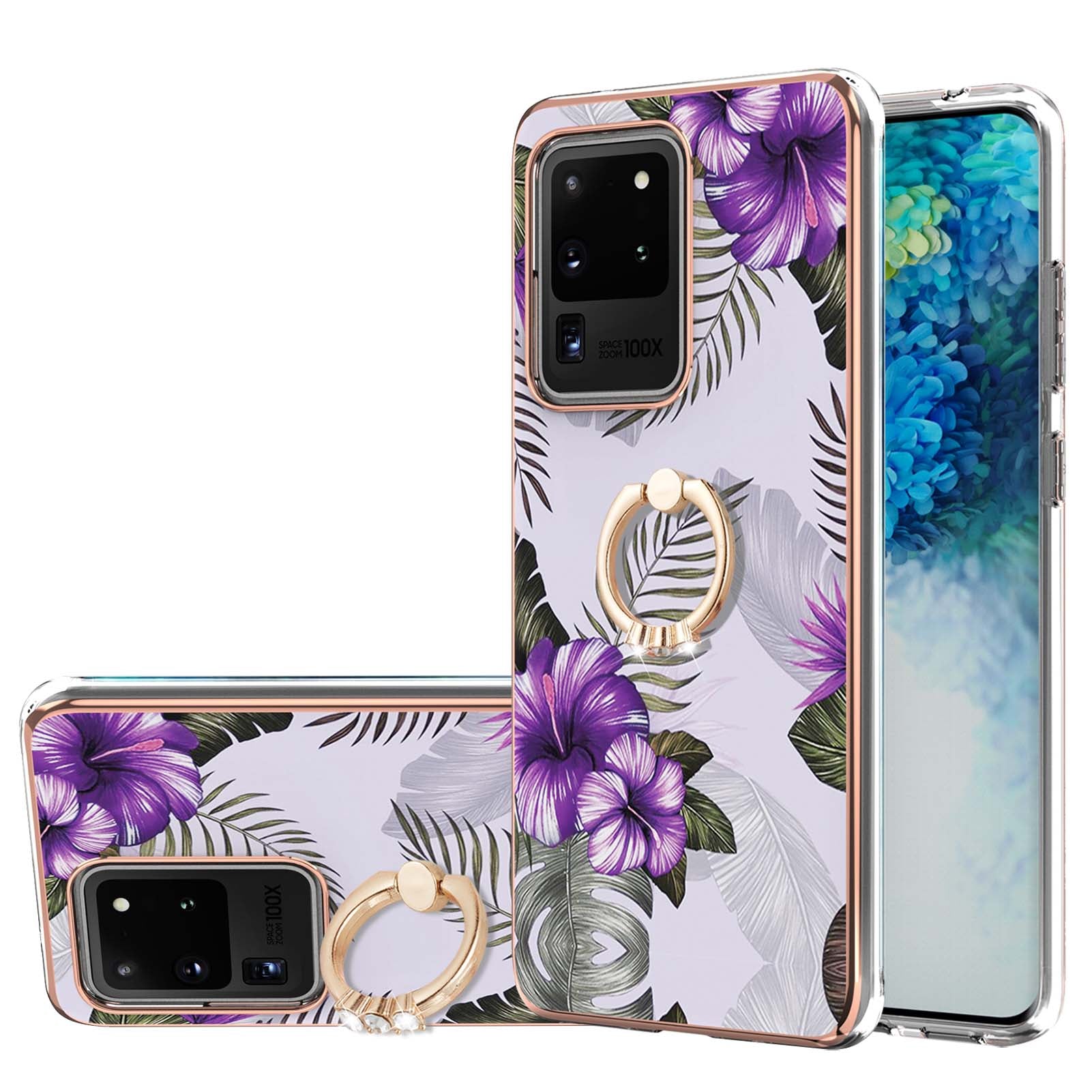 Marble Pattern IMD Design Soft TPU Shockproof Anti Slip Case with Ring Holder Kickstand for Samsung Galaxy S20 Ultra - Purple Flowers