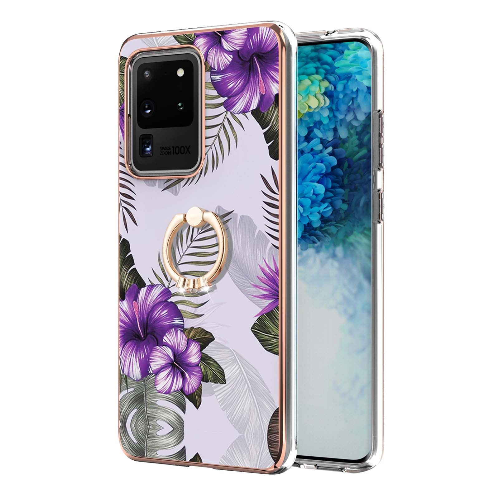 Marble Pattern IMD Design Soft TPU Shockproof Anti Slip Case with Ring Holder Kickstand for Samsung Galaxy S20 Ultra - Purple Flowers