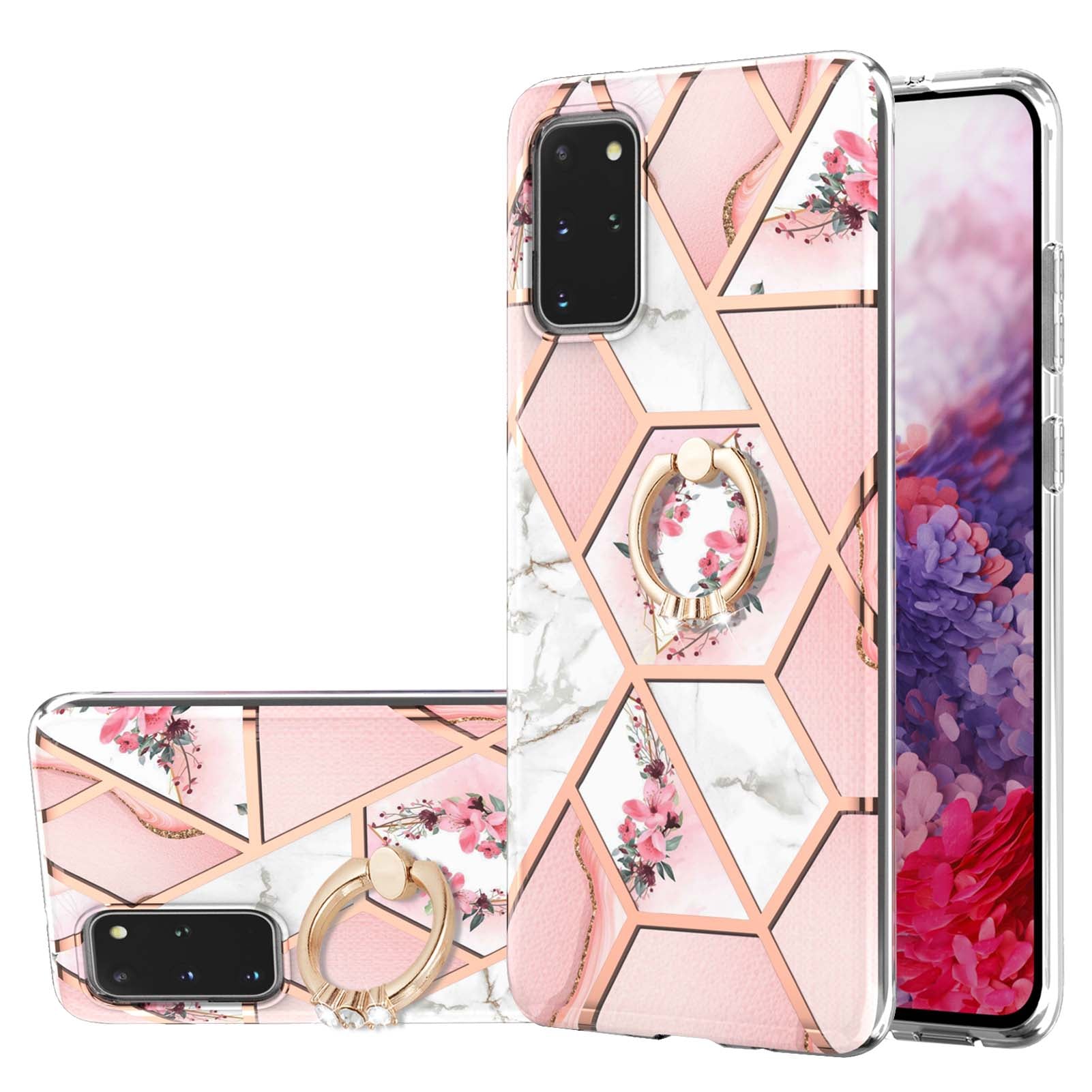 Marble Pattern Design Scratch Resistant Soft TPU IMD Protective Case with Ring Kickstand for Samsung Galaxy S20 Plus 4G/5G - Pink Flowers