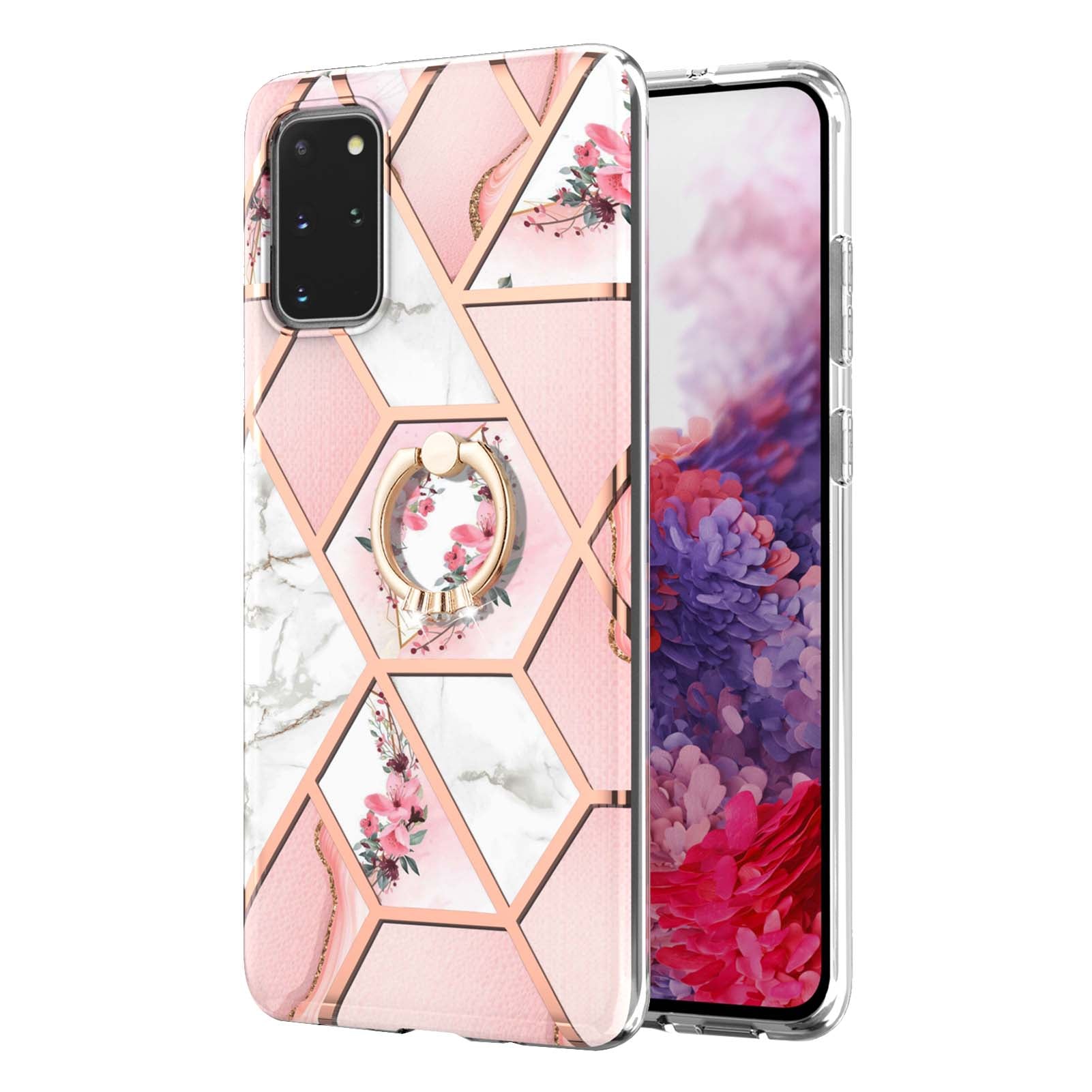 Marble Pattern Design Scratch Resistant Soft TPU IMD Protective Case with Ring Kickstand for Samsung Galaxy S20 Plus 4G/5G - Pink Flowers