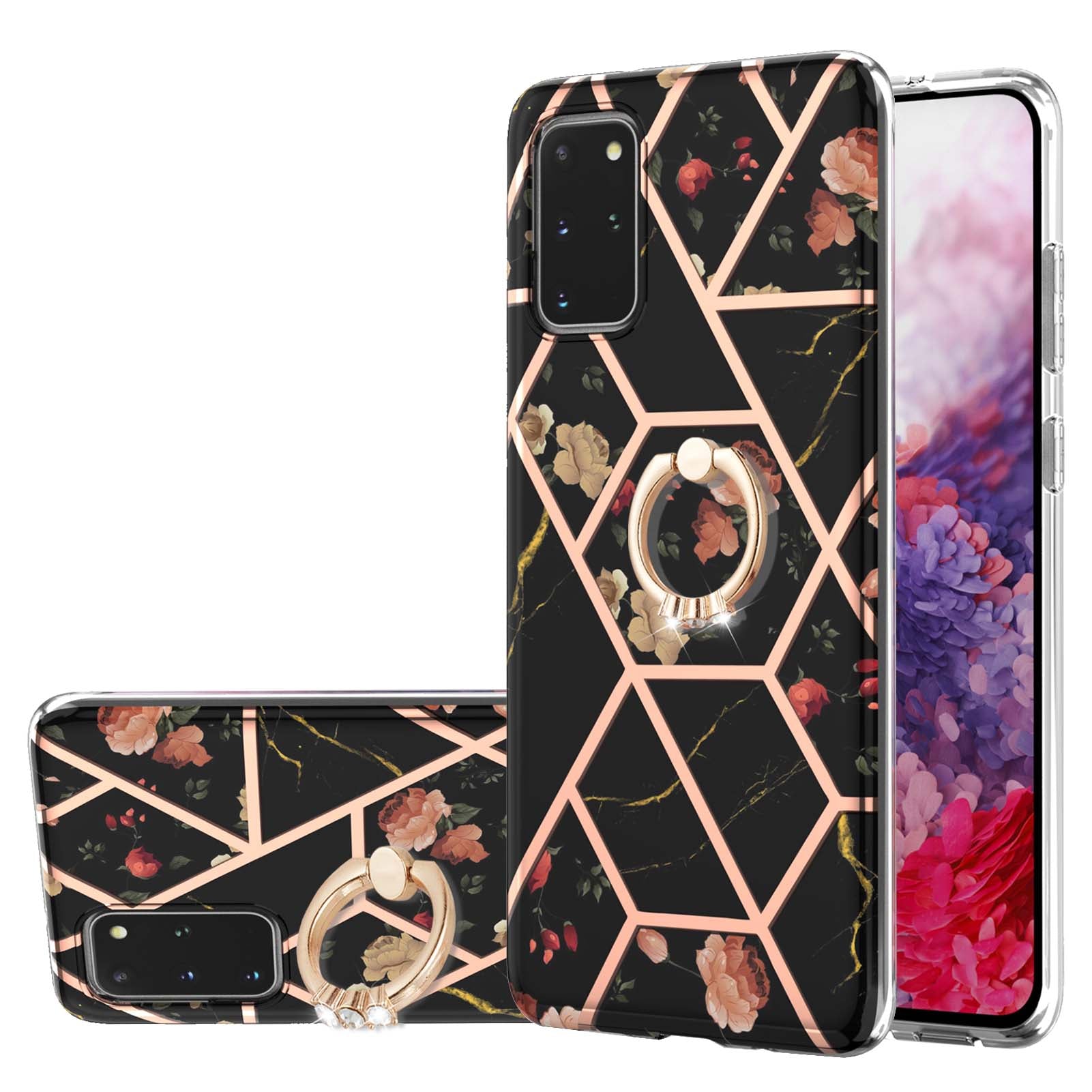 Marble Pattern Design Scratch Resistant Soft TPU IMD Protective Case with Ring Kickstand for Samsung Galaxy S20 Plus 4G/5G - Black Flowers