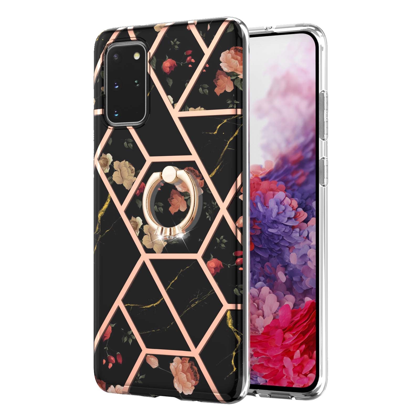 Marble Pattern Design Scratch Resistant Soft TPU IMD Protective Case with Ring Kickstand for Samsung Galaxy S20 Plus 4G/5G - Black Flowers