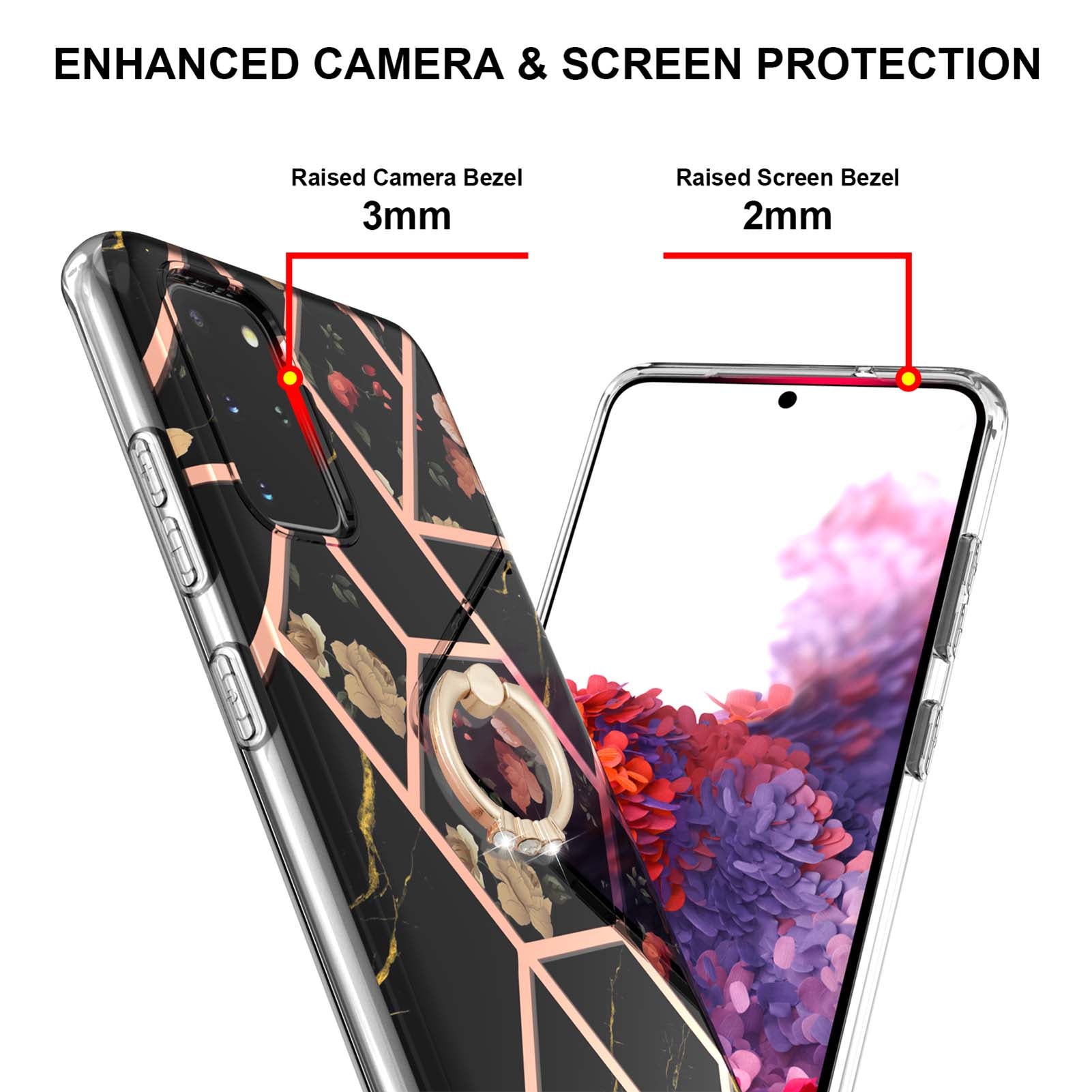 Marble Pattern Design Scratch Resistant Soft TPU IMD Protective Case with Ring Kickstand for Samsung Galaxy S20 Plus 4G/5G - Black Flowers