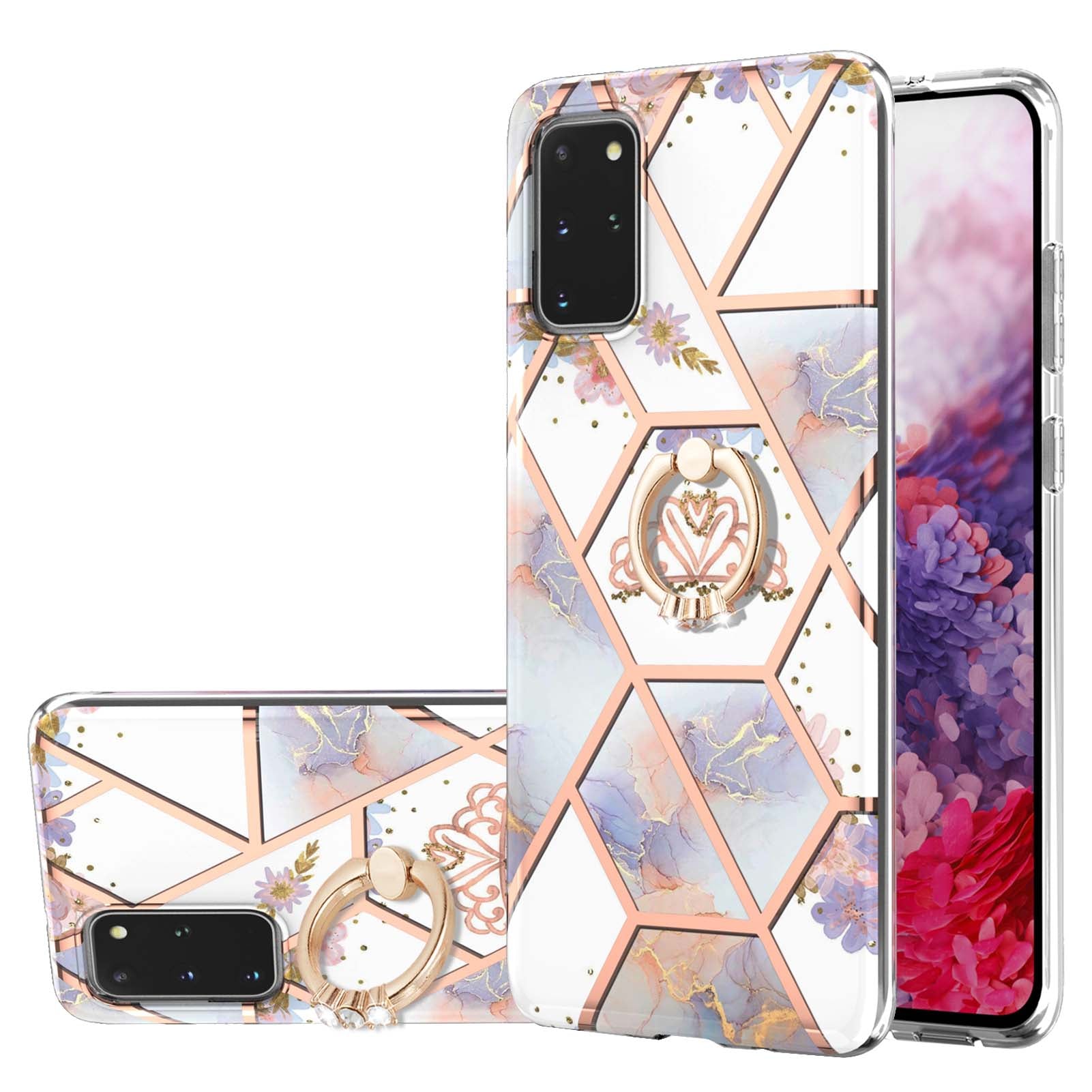 Marble Pattern Design Scratch Resistant Soft TPU IMD Protective Case with Ring Kickstand for Samsung Galaxy S20 Plus 4G/5G - Crown