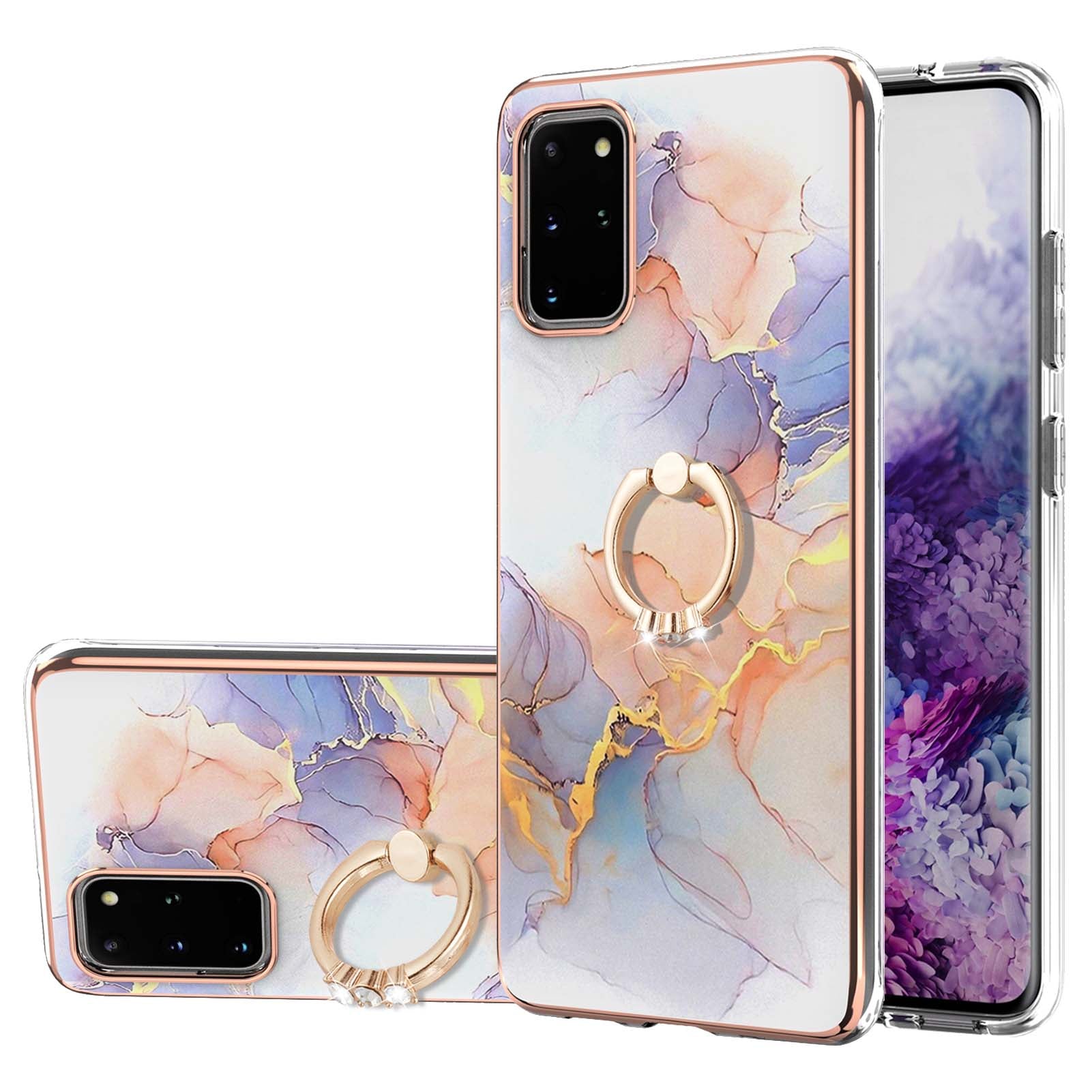 Marble Pattern Design Scratch Resistant Soft TPU IMD Protective Case with Ring Kickstand for Samsung Galaxy S20 Plus 4G/5G - Milky Way Marble White