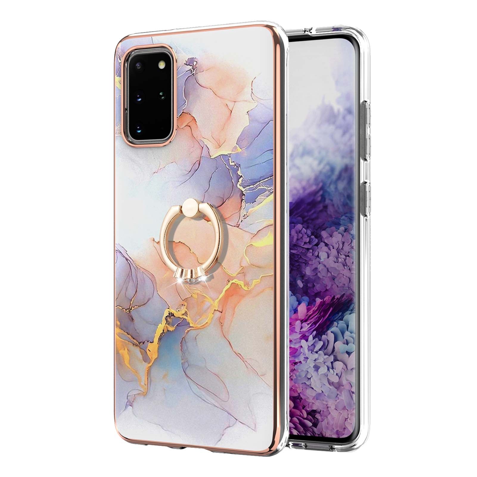 Marble Pattern Design Scratch Resistant Soft TPU IMD Protective Case with Ring Kickstand for Samsung Galaxy S20 Plus 4G/5G - Milky Way Marble White