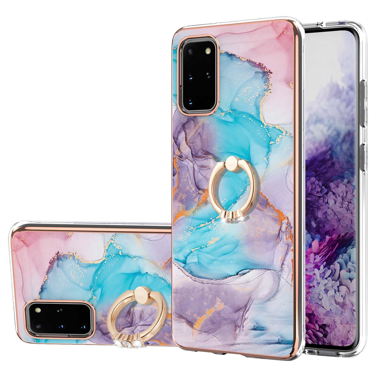 Marble Pattern Design Scratch Resistant Soft TPU IMD Protective Case with Ring Kickstand for Samsung Galaxy S20 Plus 4G/5G - Milky Way Marble Blue