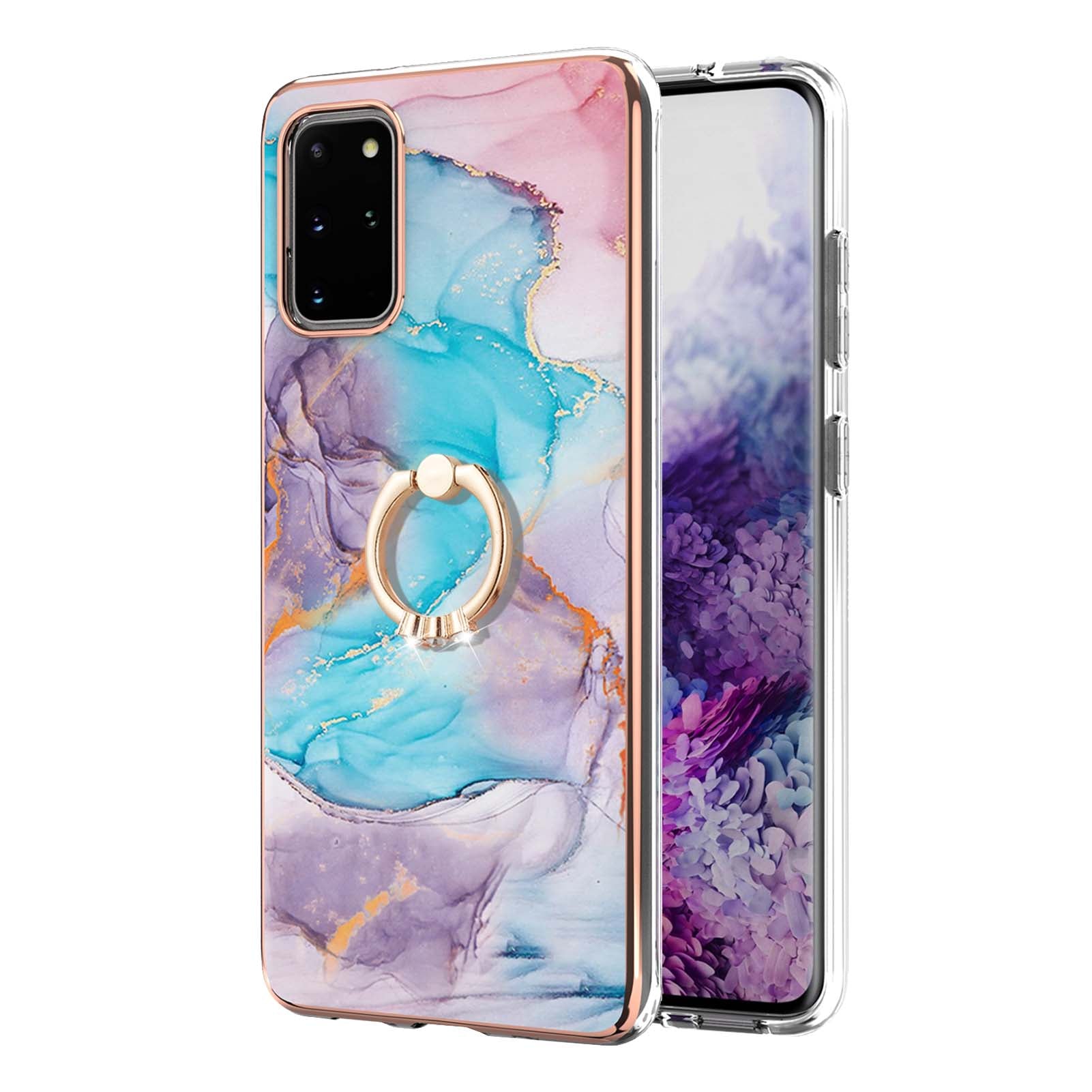 Marble Pattern Design Scratch Resistant Soft TPU IMD Protective Case with Ring Kickstand for Samsung Galaxy S20 Plus 4G/5G - Milky Way Marble Blue