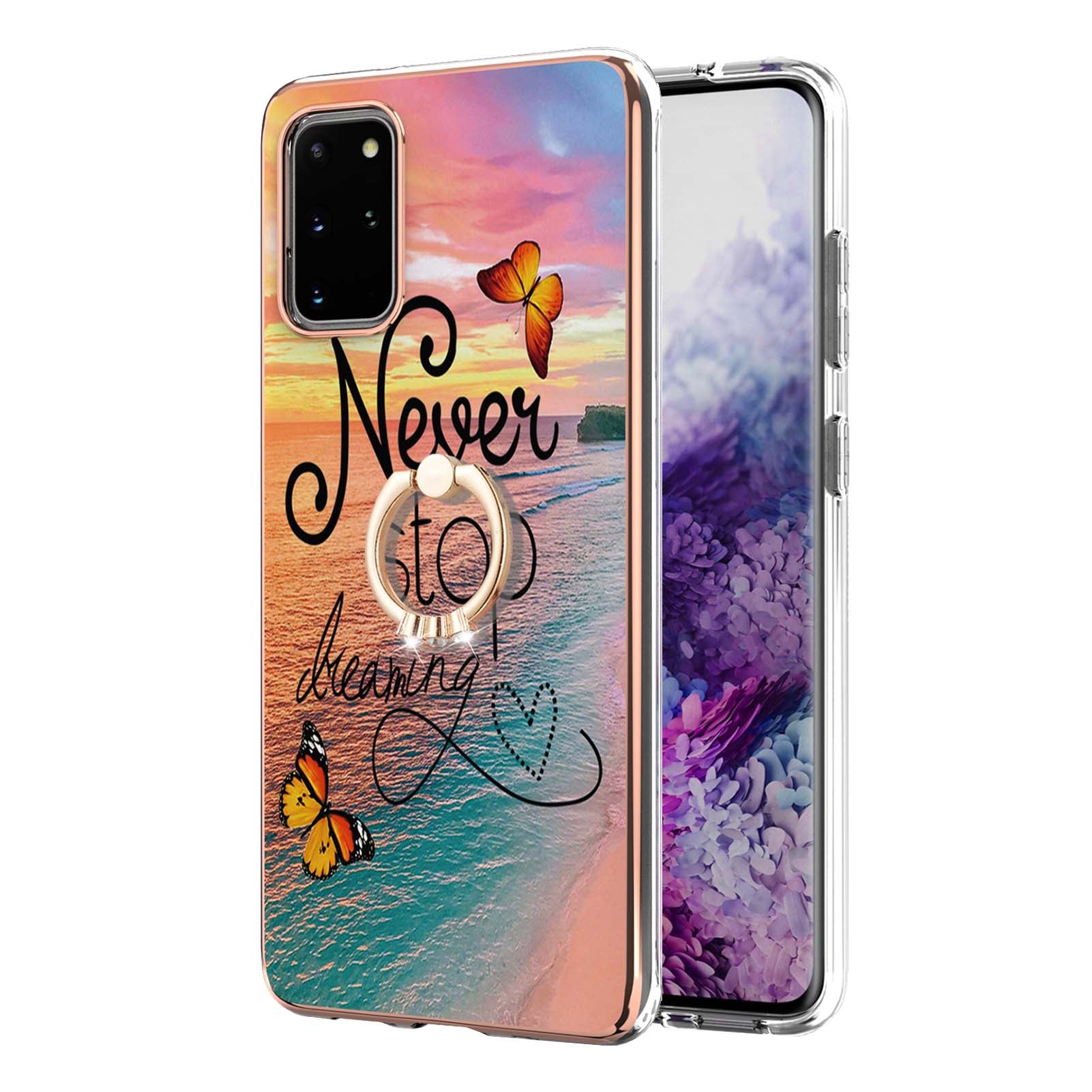 Marble Pattern Design Scratch Resistant Soft TPU IMD Protective Case with Ring Kickstand for Samsung Galaxy S20 Plus 4G/5G - Never Stop Dreaming