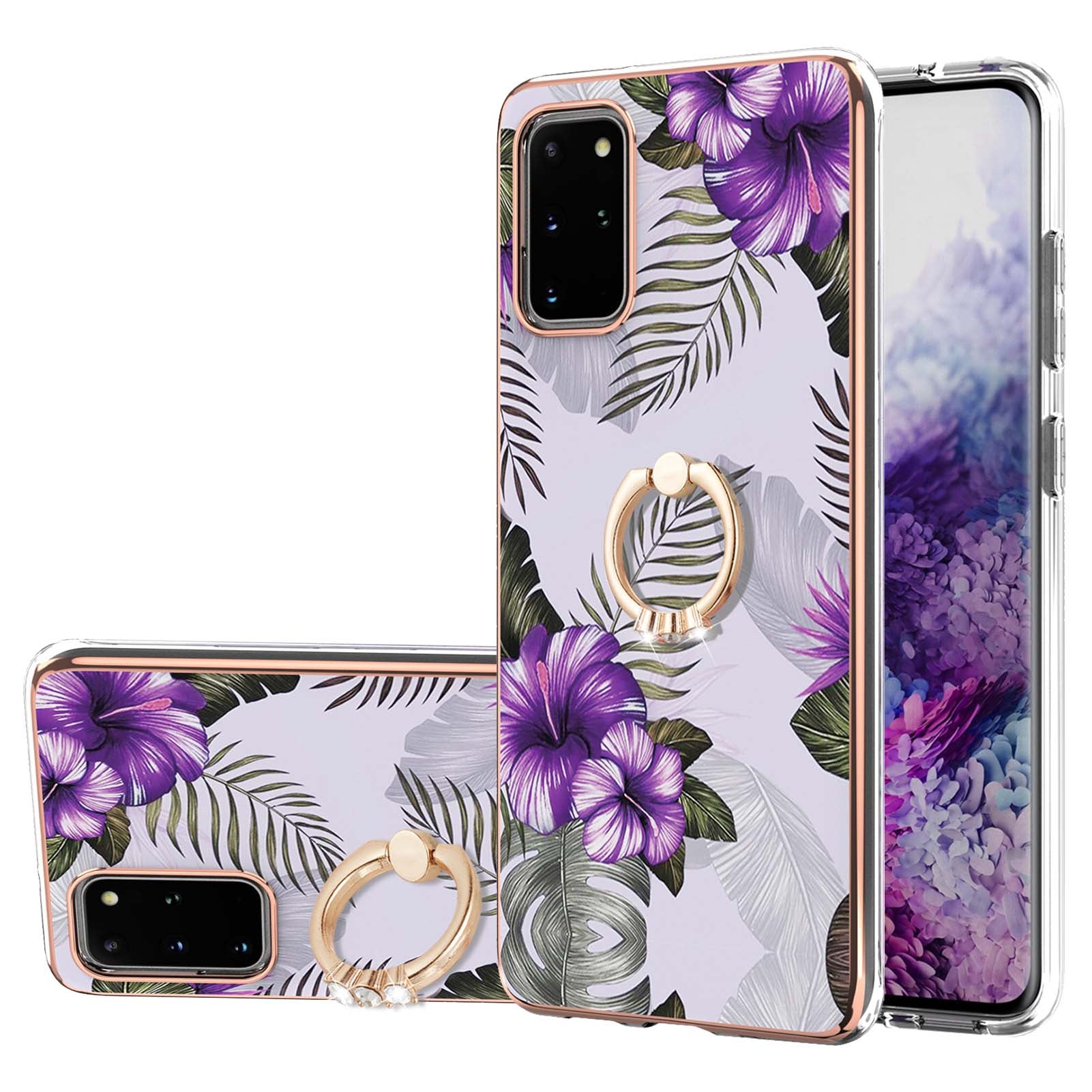 Marble Pattern Design Scratch Resistant Soft TPU IMD Protective Case with Ring Kickstand for Samsung Galaxy S20 Plus 4G/5G - Purple Flowers