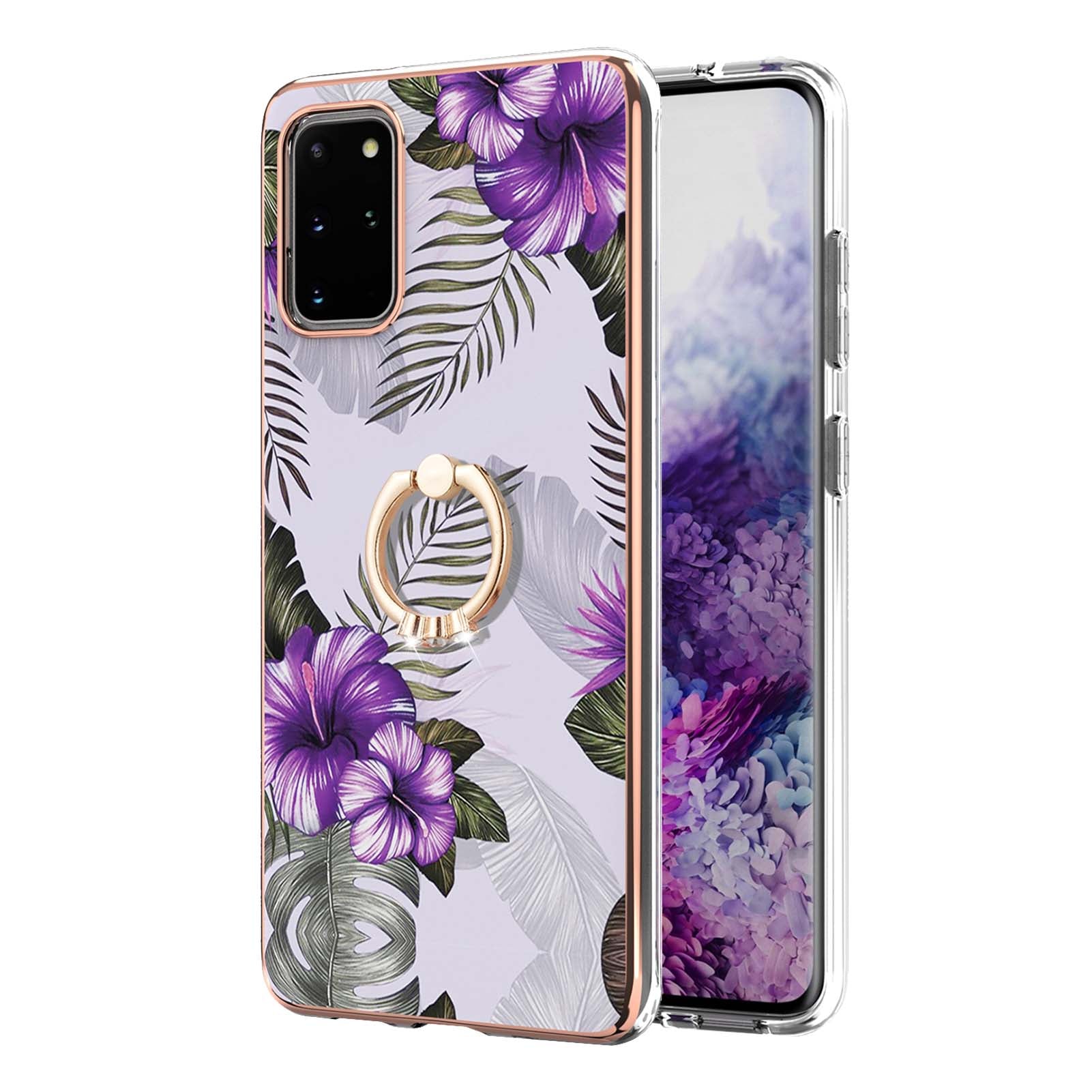 Marble Pattern Design Scratch Resistant Soft TPU IMD Protective Case with Ring Kickstand for Samsung Galaxy S20 Plus 4G/5G - Purple Flowers