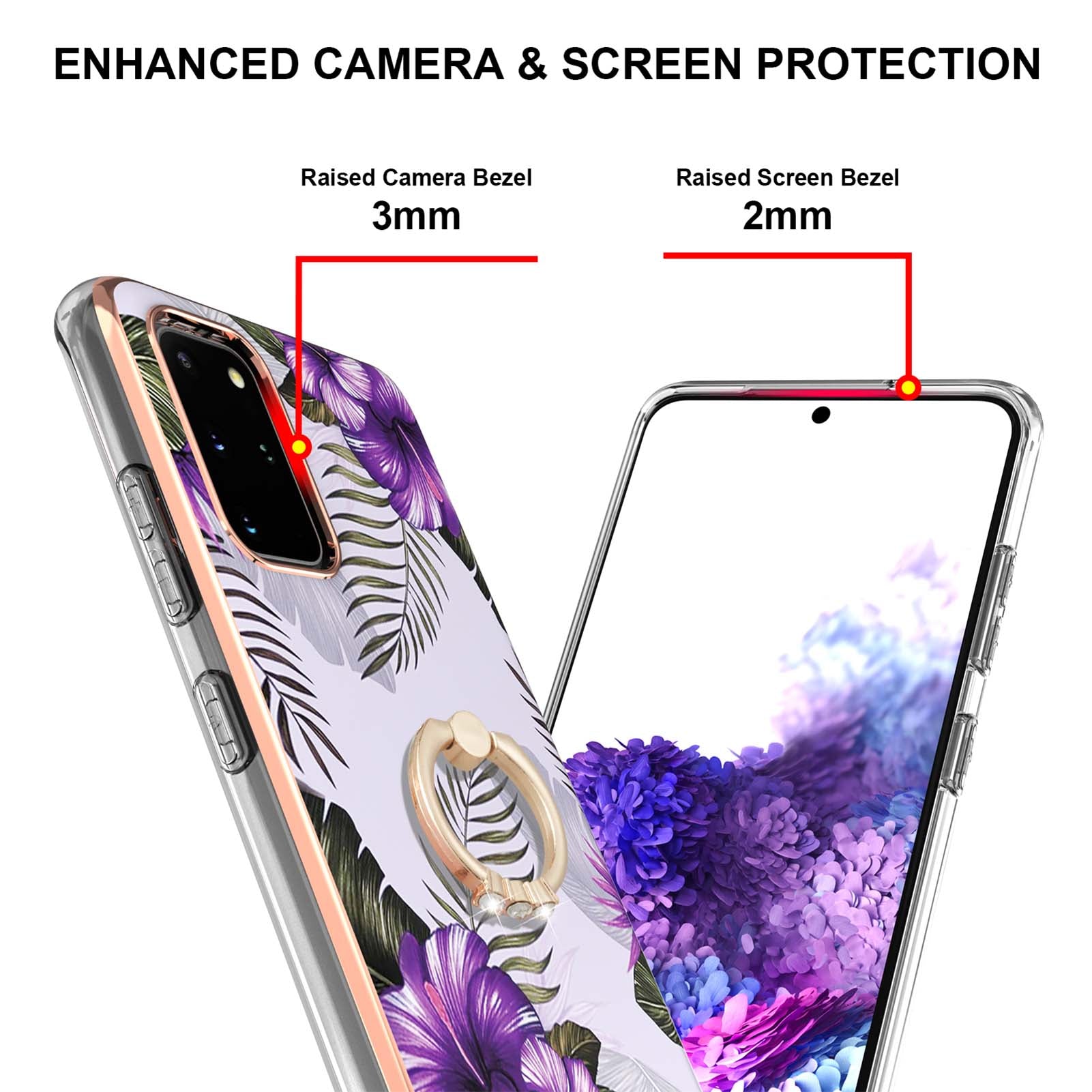 Marble Pattern Design Scratch Resistant Soft TPU IMD Protective Case with Ring Kickstand for Samsung Galaxy S20 Plus 4G/5G - Purple Flowers