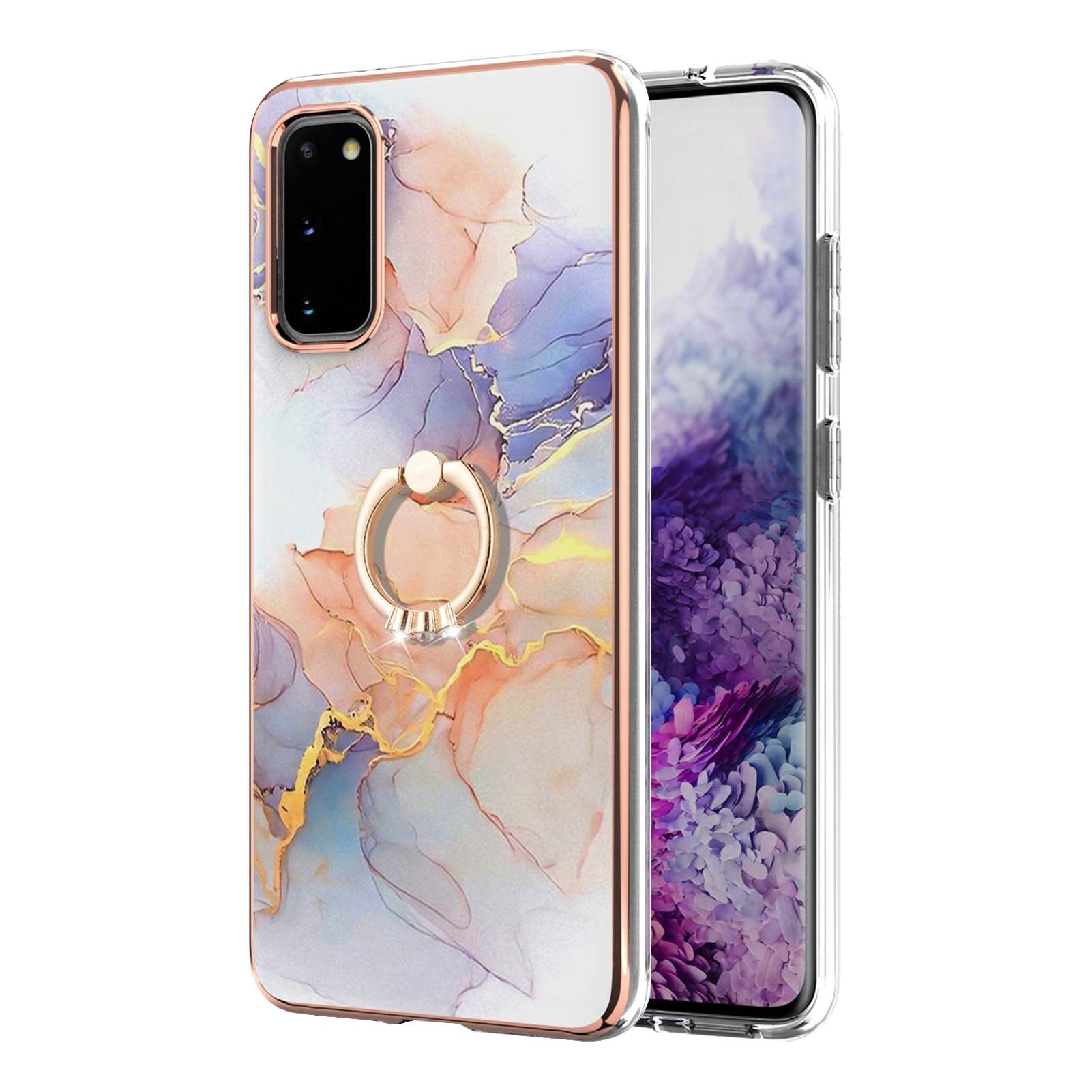 Ring Holder Kickstand Marble Pattern Shockproof TPU IMD Protective Case for Samsung Galaxy S20 4G/S20 5G - Milky Way Marble White