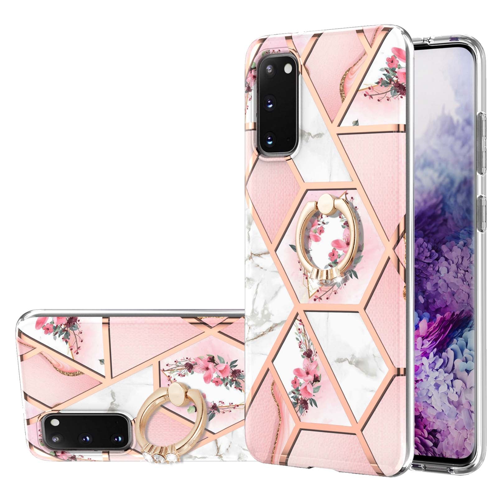 Ring Holder Kickstand Marble Pattern Shockproof TPU IMD Protective Case for Samsung Galaxy S20 4G/S20 5G - Pink Flowers