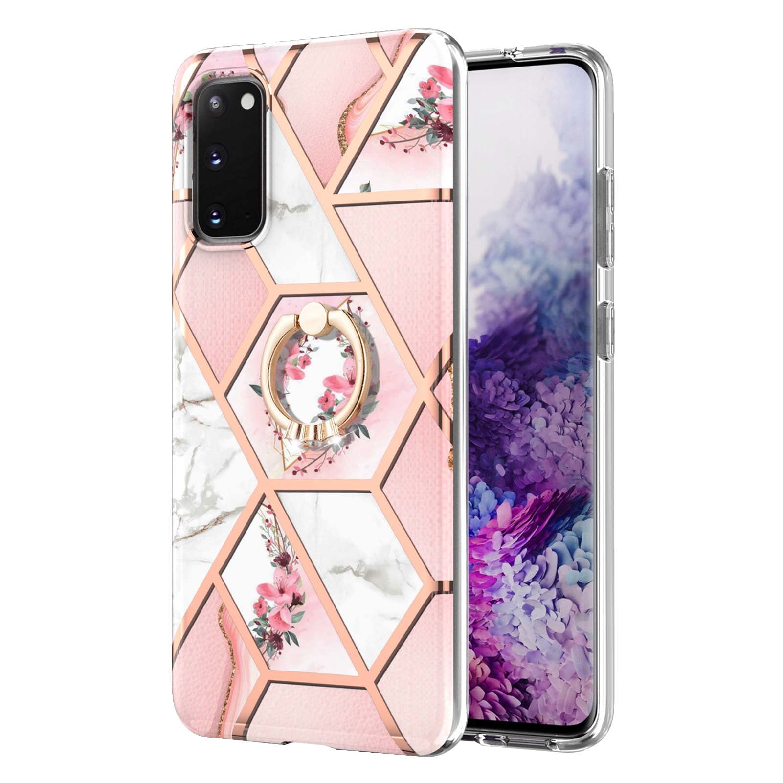 Ring Holder Kickstand Marble Pattern Shockproof TPU IMD Protective Case for Samsung Galaxy S20 4G/S20 5G - Pink Flowers