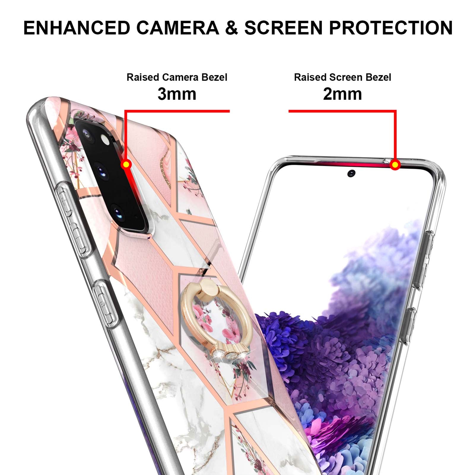 Ring Holder Kickstand Marble Pattern Shockproof TPU IMD Protective Case for Samsung Galaxy S20 4G/S20 5G - Pink Flowers