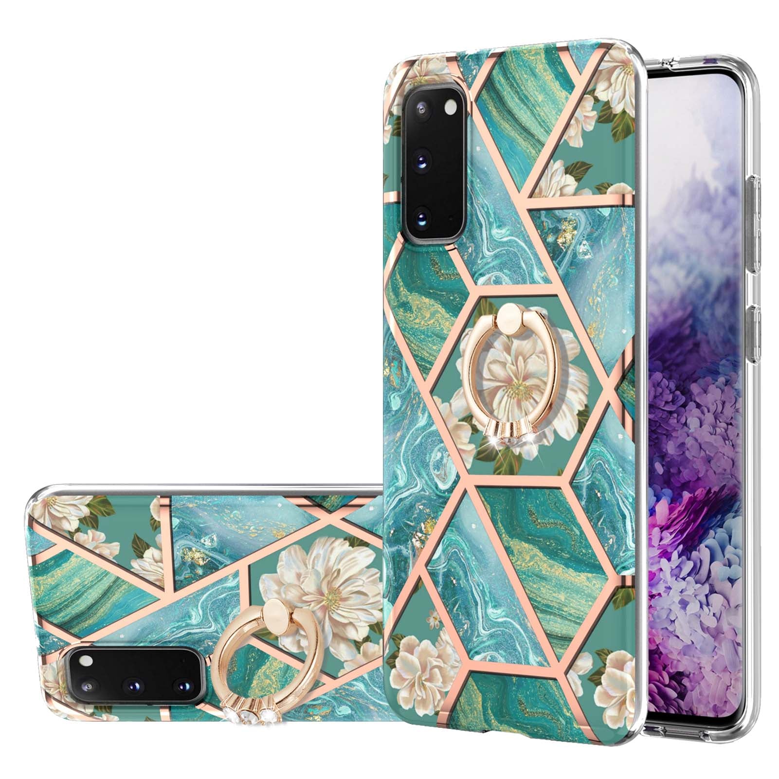 Ring Holder Kickstand Marble Pattern Shockproof TPU IMD Protective Case for Samsung Galaxy S20 4G/S20 5G - Blue Flowers