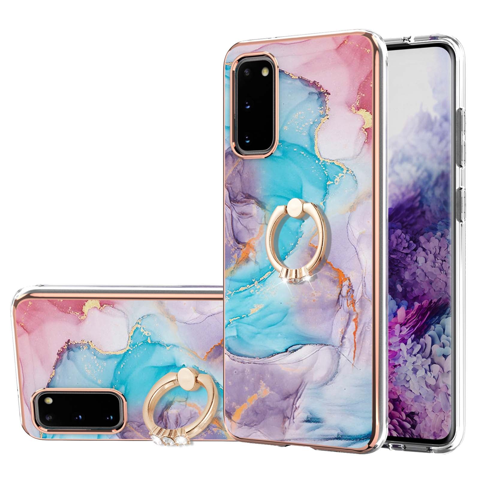 Ring Holder Kickstand Marble Pattern Shockproof TPU IMD Protective Case for Samsung Galaxy S20 4G/S20 5G - Milky Way Marble Blue