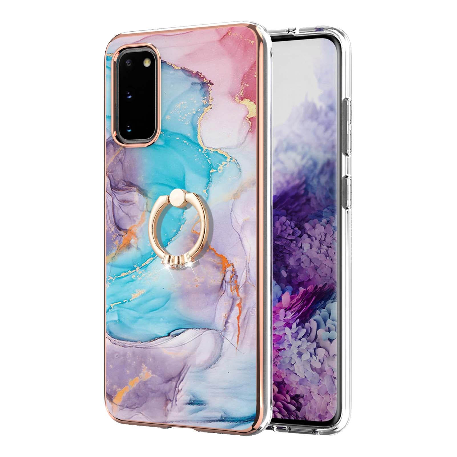 Ring Holder Kickstand Marble Pattern Shockproof TPU IMD Protective Case for Samsung Galaxy S20 4G/S20 5G - Milky Way Marble Blue