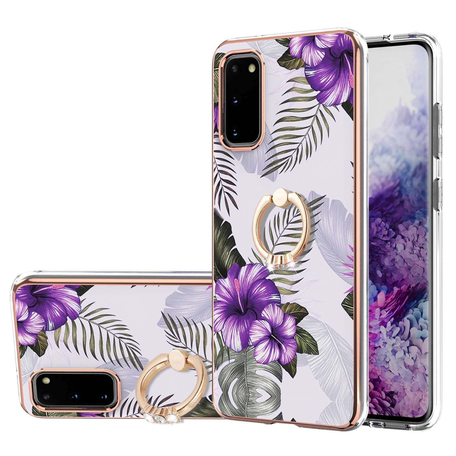 Ring Holder Kickstand Marble Pattern Shockproof TPU IMD Protective Case for Samsung Galaxy S20 4G/S20 5G - Purple Flowers