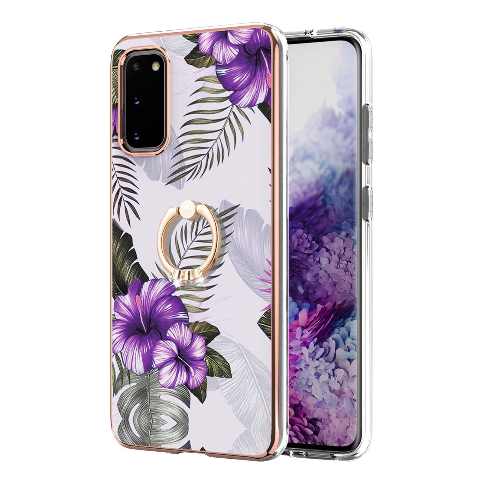 Ring Holder Kickstand Marble Pattern Shockproof TPU IMD Protective Case for Samsung Galaxy S20 4G/S20 5G - Purple Flowers