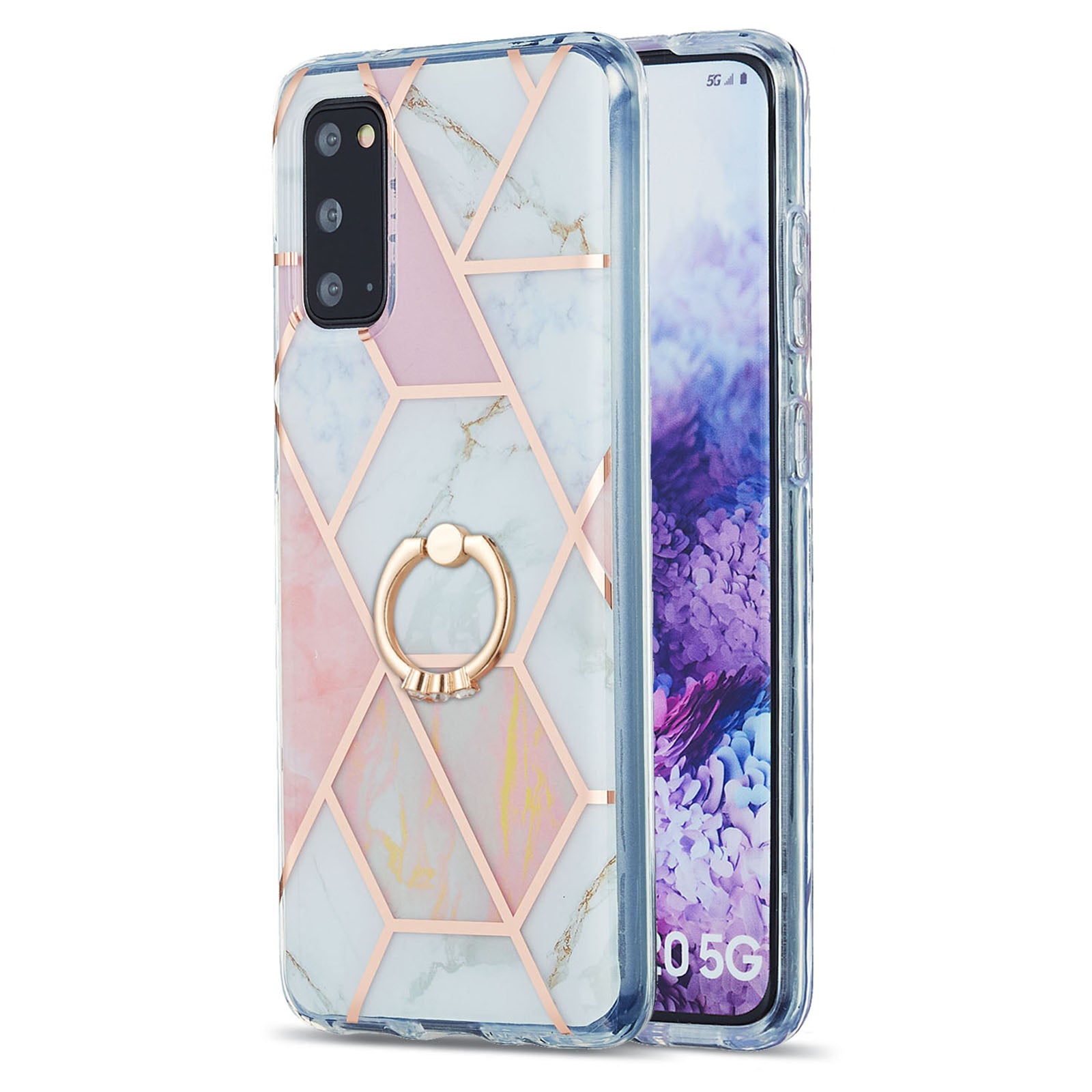 2.0mm TPU Phone Kickstand Cover IMD IML Anti-Fade Electroplating Marble Pattern Case for Samsung Galaxy S20 4G/S20 5G - Pink/White