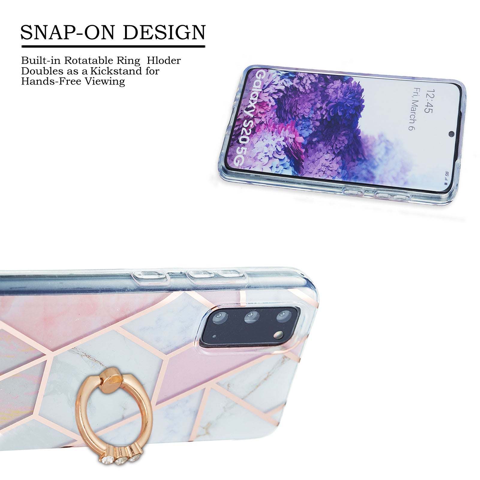 2.0mm TPU Phone Kickstand Cover IMD IML Anti-Fade Electroplating Marble Pattern Case for Samsung Galaxy S20 4G/S20 5G - Pink/White