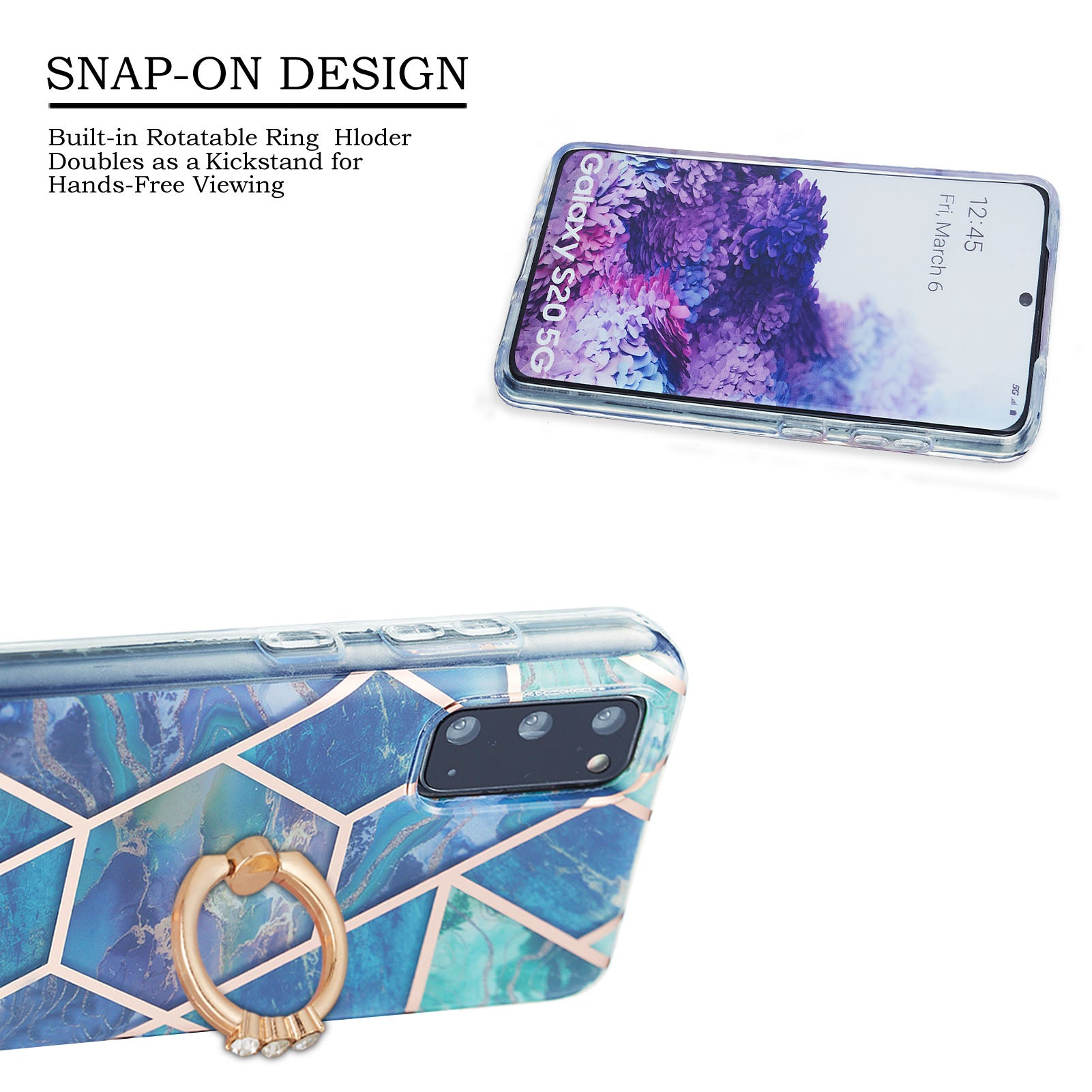 2.0mm TPU Phone Kickstand Cover IMD IML Anti-Fade Electroplating Marble Pattern Case for Samsung Galaxy S20 4G/S20 5G - Blue/Green