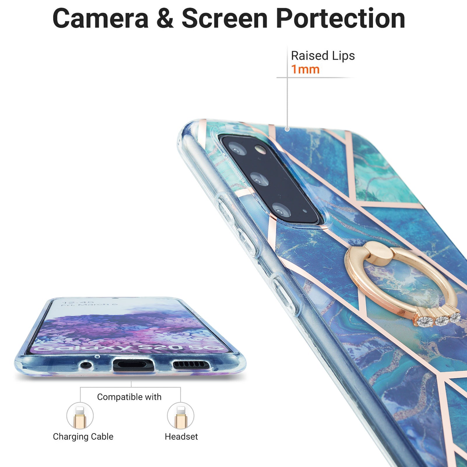 2.0mm TPU Phone Kickstand Cover IMD IML Anti-Fade Electroplating Marble Pattern Case for Samsung Galaxy S20 4G/S20 5G - Blue/Green