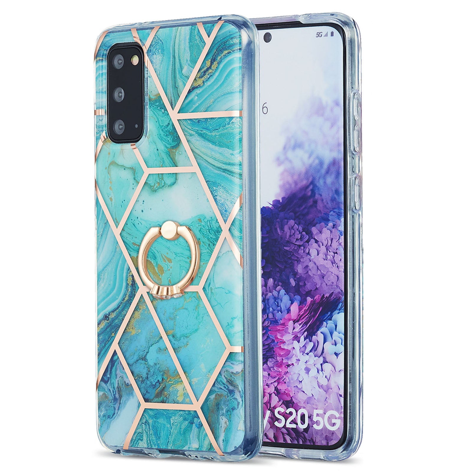 2.0mm TPU Phone Kickstand Cover IMD IML Anti-Fade Electroplating Marble Pattern Case for Samsung Galaxy S20 4G/S20 5G - Blue