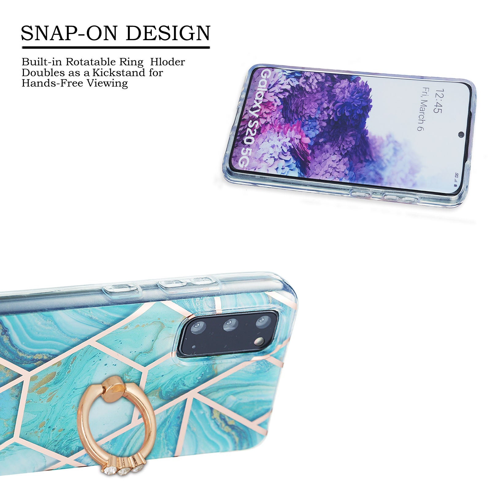 2.0mm TPU Phone Kickstand Cover IMD IML Anti-Fade Electroplating Marble Pattern Case for Samsung Galaxy S20 4G/S20 5G - Blue