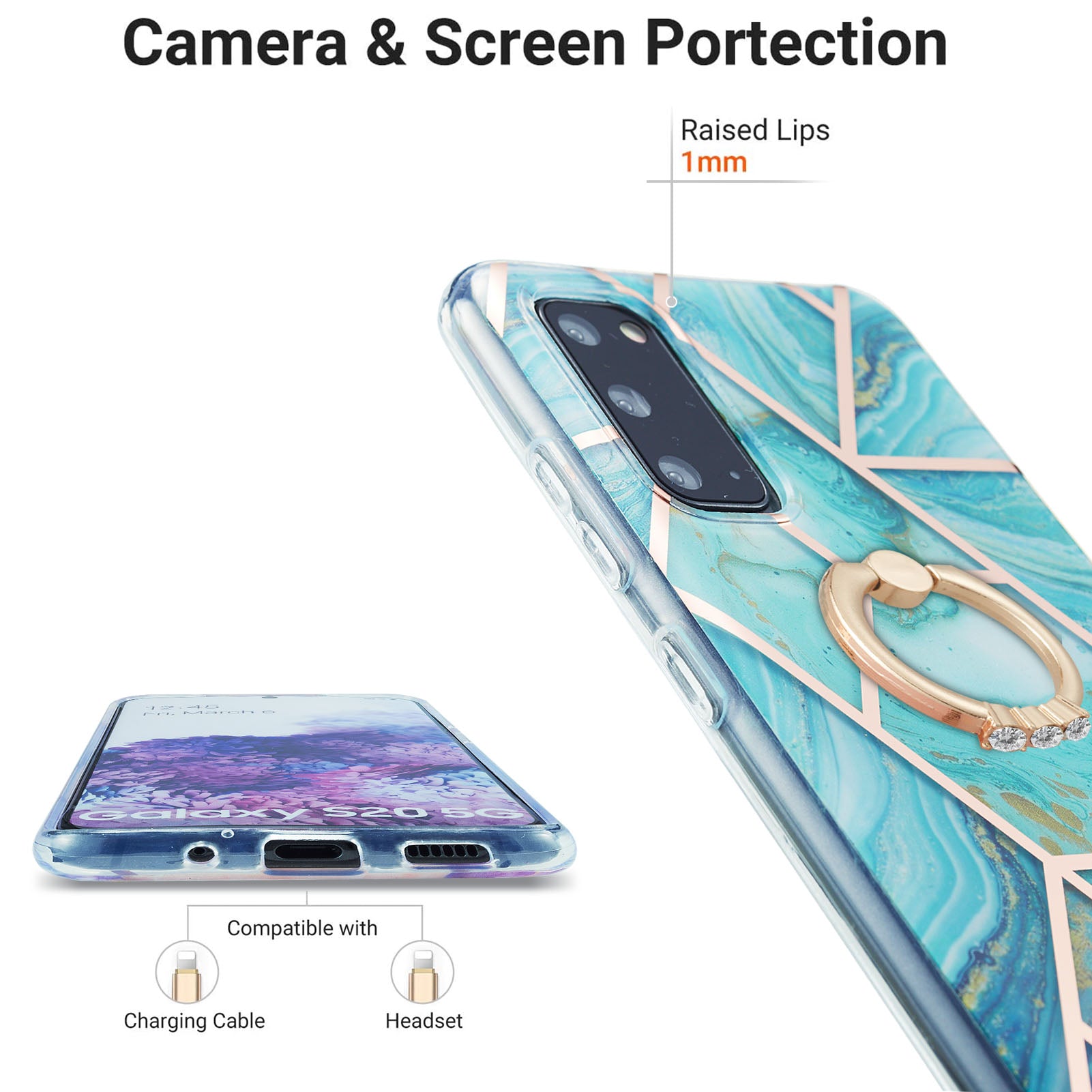 2.0mm TPU Phone Kickstand Cover IMD IML Anti-Fade Electroplating Marble Pattern Case for Samsung Galaxy S20 4G/S20 5G - Blue