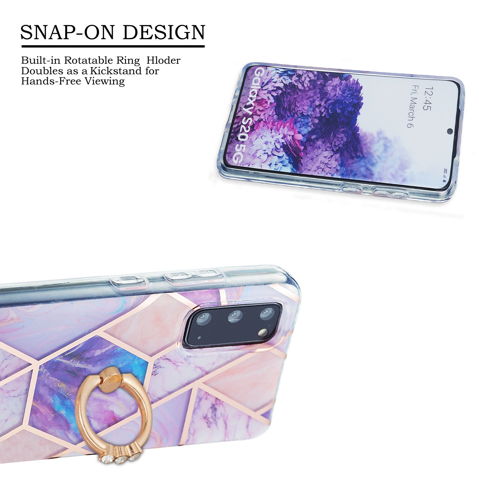 2.0mm TPU Phone Kickstand Cover IMD IML Anti-Fade Electroplating Marble Pattern Case for Samsung Galaxy S20 4G/S20 5G - Light Purple