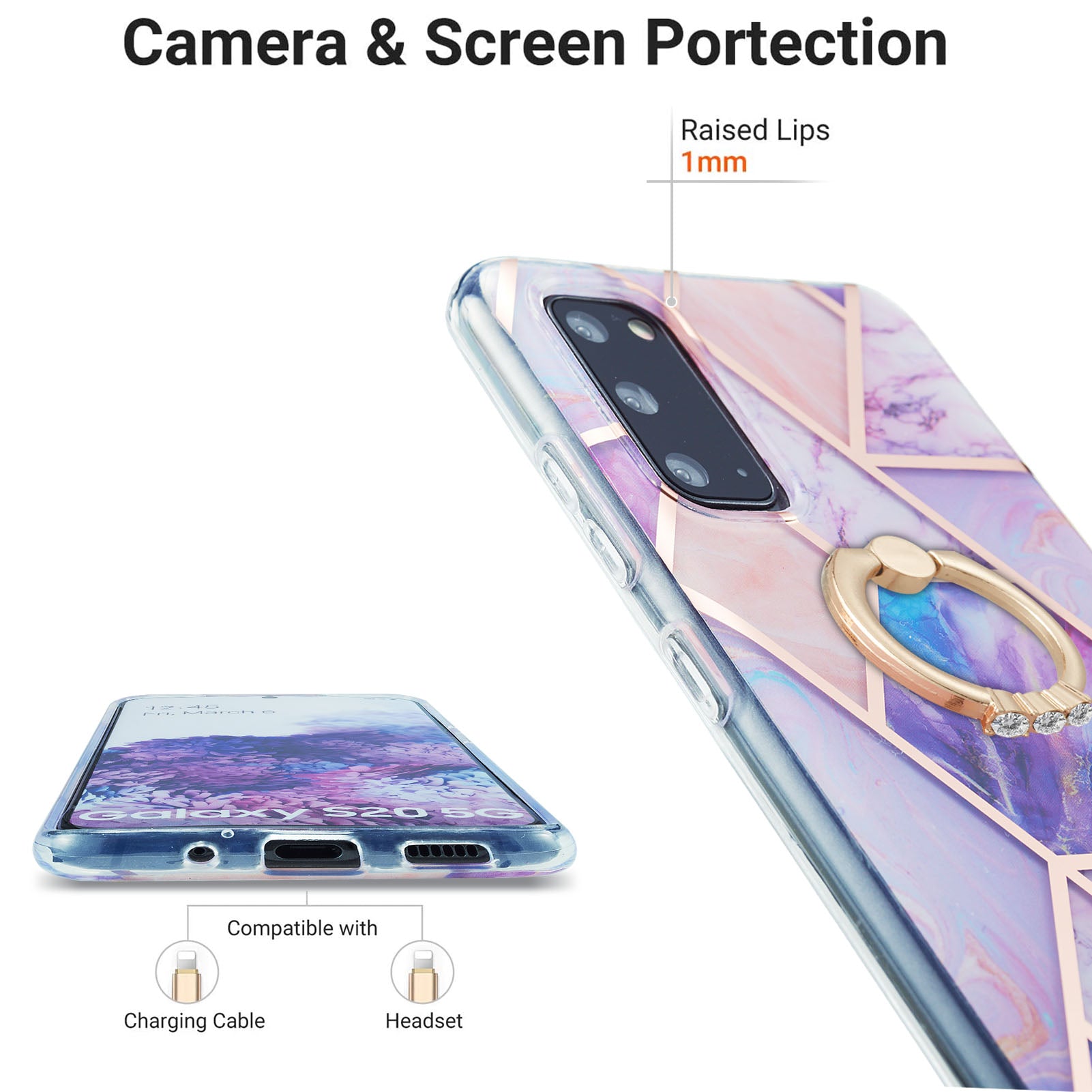 2.0mm TPU Phone Kickstand Cover IMD IML Anti-Fade Electroplating Marble Pattern Case for Samsung Galaxy S20 4G/S20 5G - Light Purple