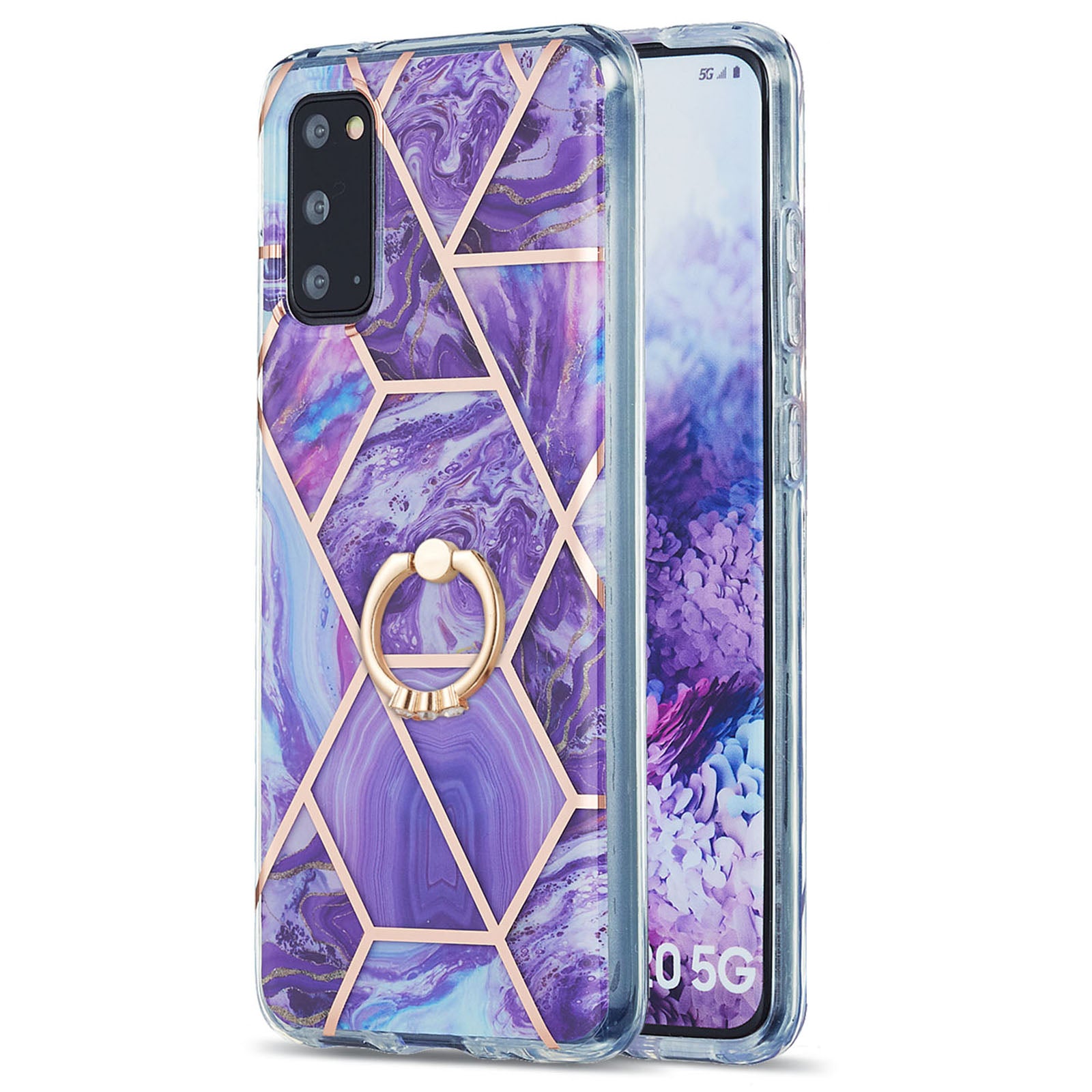 2.0mm TPU Phone Kickstand Cover IMD IML Anti-Fade Electroplating Marble Pattern Case for Samsung Galaxy S20 4G/S20 5G - Dark Purple