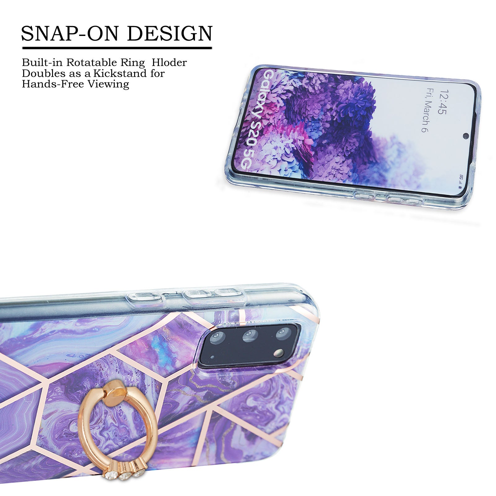 2.0mm TPU Phone Kickstand Cover IMD IML Anti-Fade Electroplating Marble Pattern Case for Samsung Galaxy S20 4G/S20 5G - Dark Purple