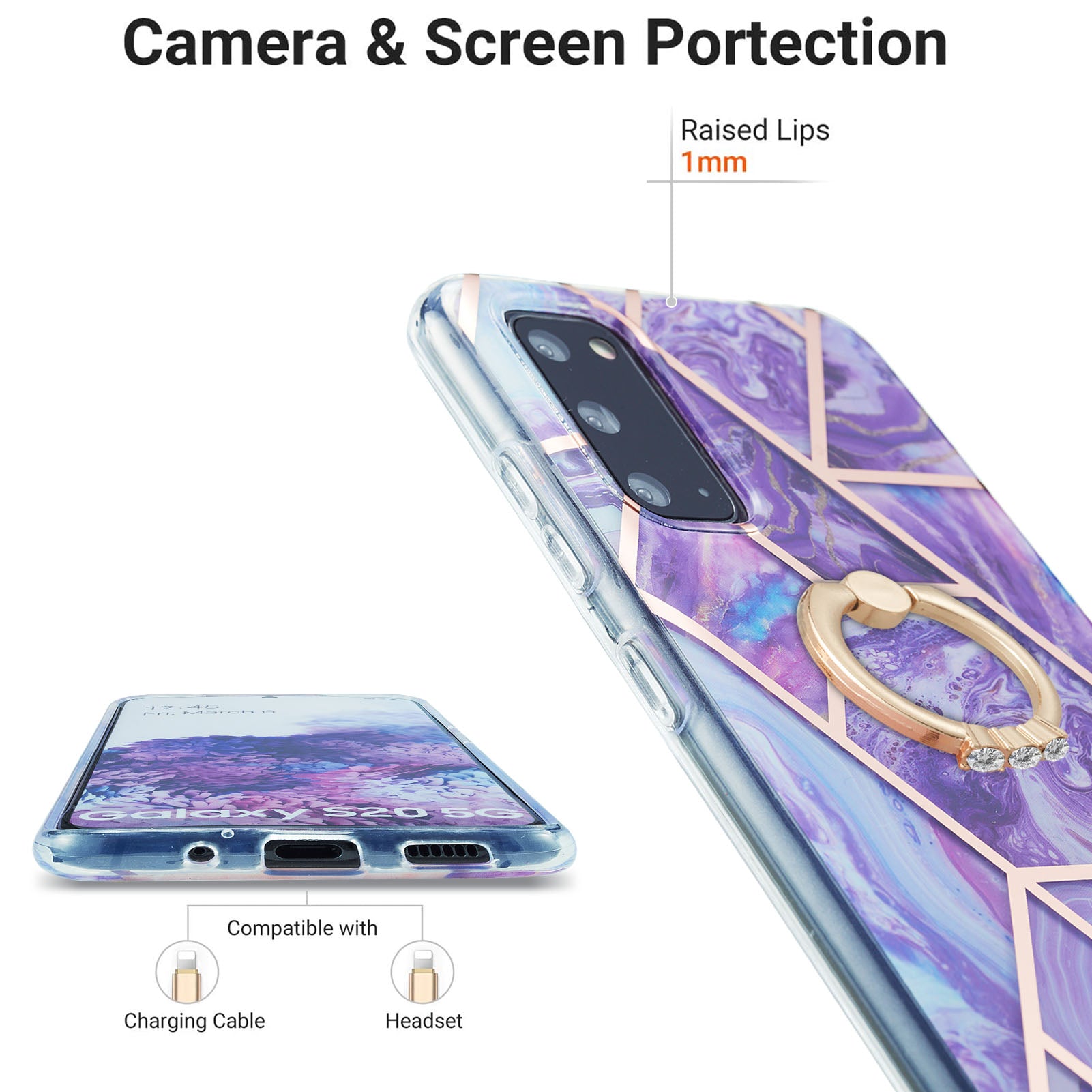 2.0mm TPU Phone Kickstand Cover IMD IML Anti-Fade Electroplating Marble Pattern Case for Samsung Galaxy S20 4G/S20 5G - Dark Purple