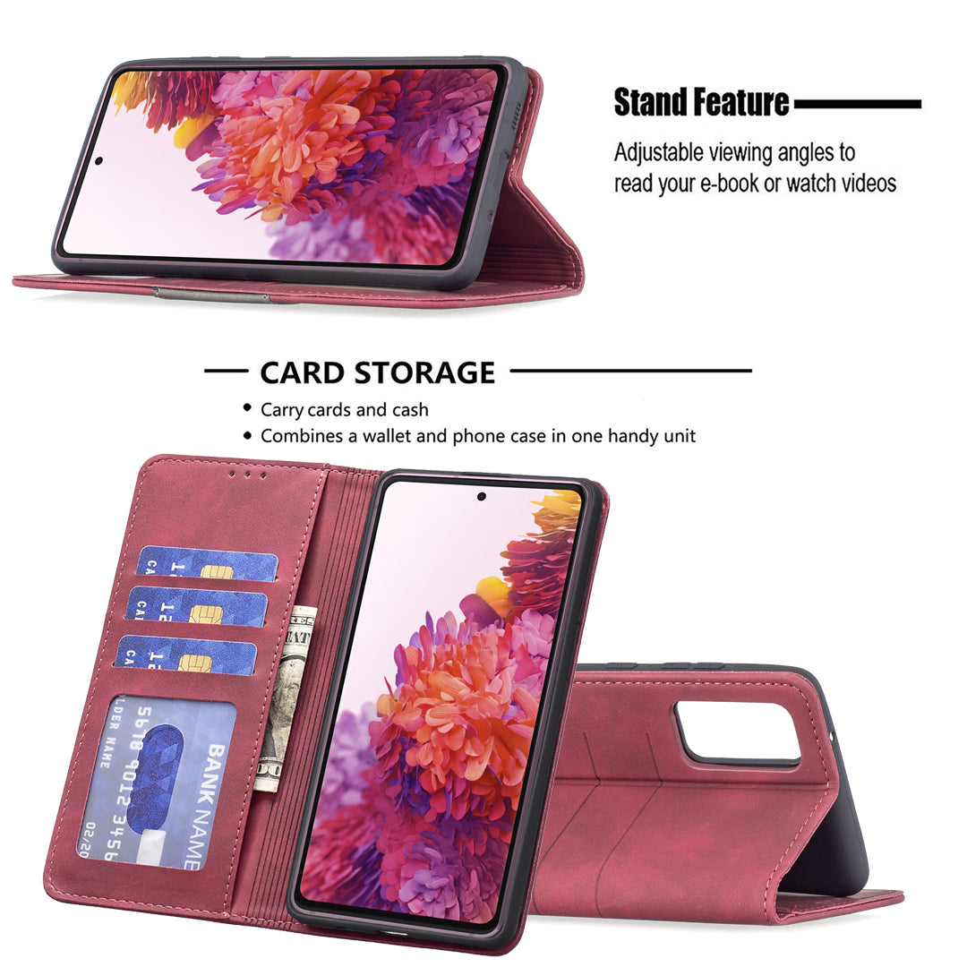 BINFEN COLOR Magnetic Auto-absorbed Wallet Shockproof Phone Stand Cover Anti-dust Phone Case Splicing Leather Shell for Samsung Galaxy S20 FE 2022/S20 FE/S20 FE 5G/S20 Lite - Red