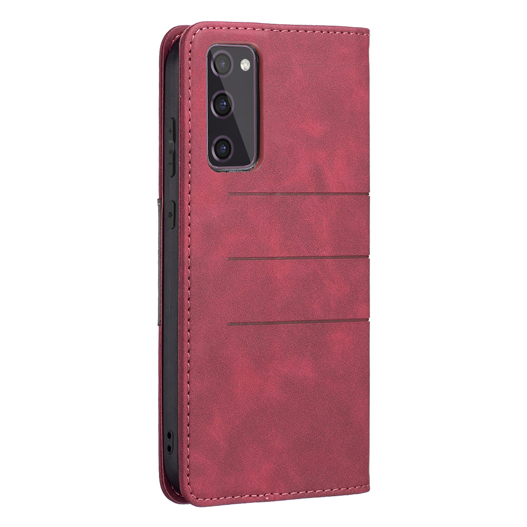 BINFEN COLOR Magnetic Auto-absorbed Wallet Shockproof Phone Stand Cover Anti-dust Phone Case Splicing Leather Shell for Samsung Galaxy S20 FE 2022/S20 FE/S20 FE 5G/S20 Lite - Red