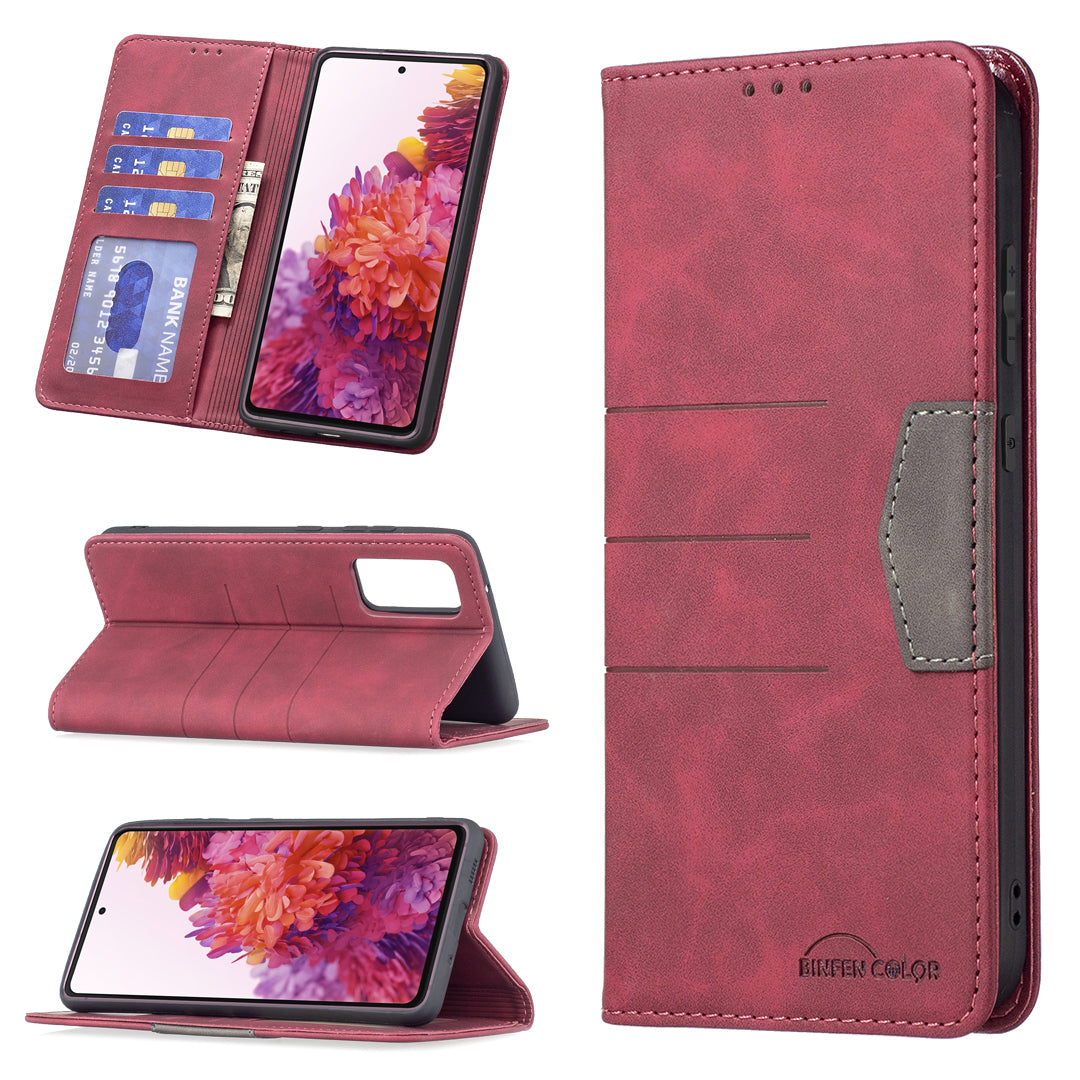 BINFEN COLOR Magnetic Auto-absorbed Wallet Shockproof Phone Stand Cover Anti-dust Phone Case Splicing Leather Shell for Samsung Galaxy S20 FE 2022/S20 FE/S20 FE 5G/S20 Lite - Red