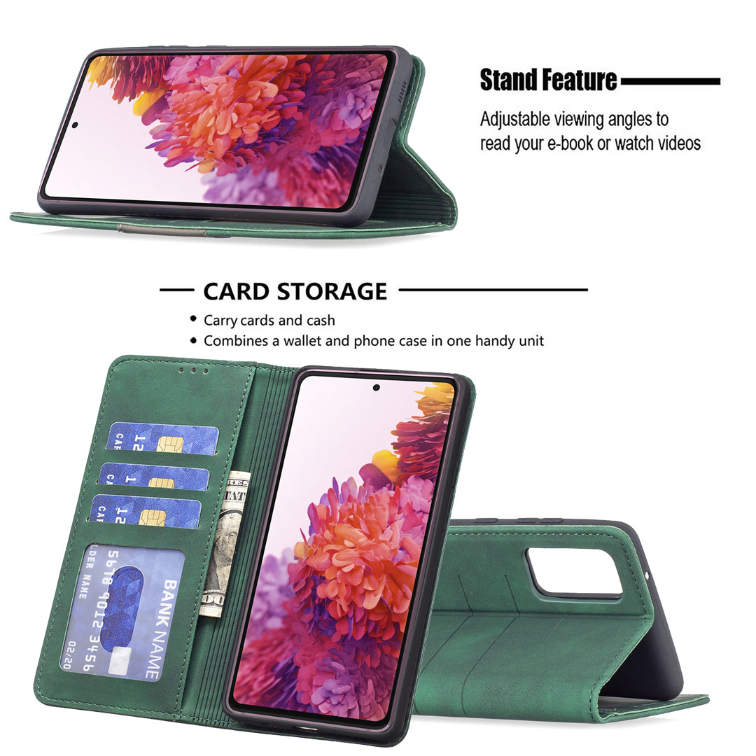 BINFEN COLOR Magnetic Auto-absorbed Wallet Shockproof Phone Stand Cover Anti-dust Phone Case Splicing Leather Shell for Samsung Galaxy S20 FE 2022/S20 FE/S20 FE 5G/S20 Lite - Green