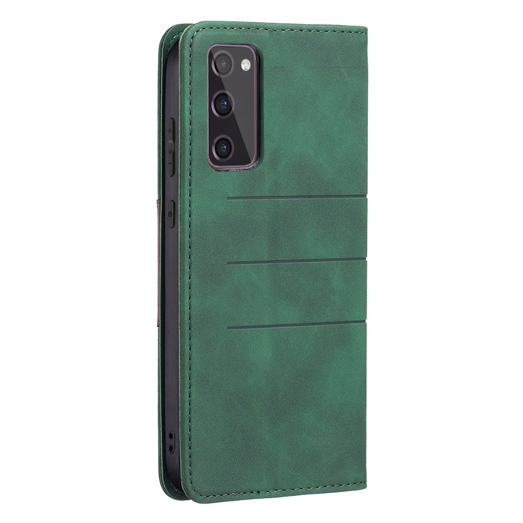 BINFEN COLOR Magnetic Auto-absorbed Wallet Shockproof Phone Stand Cover Anti-dust Phone Case Splicing Leather Shell for Samsung Galaxy S20 FE 2022/S20 FE/S20 FE 5G/S20 Lite - Green