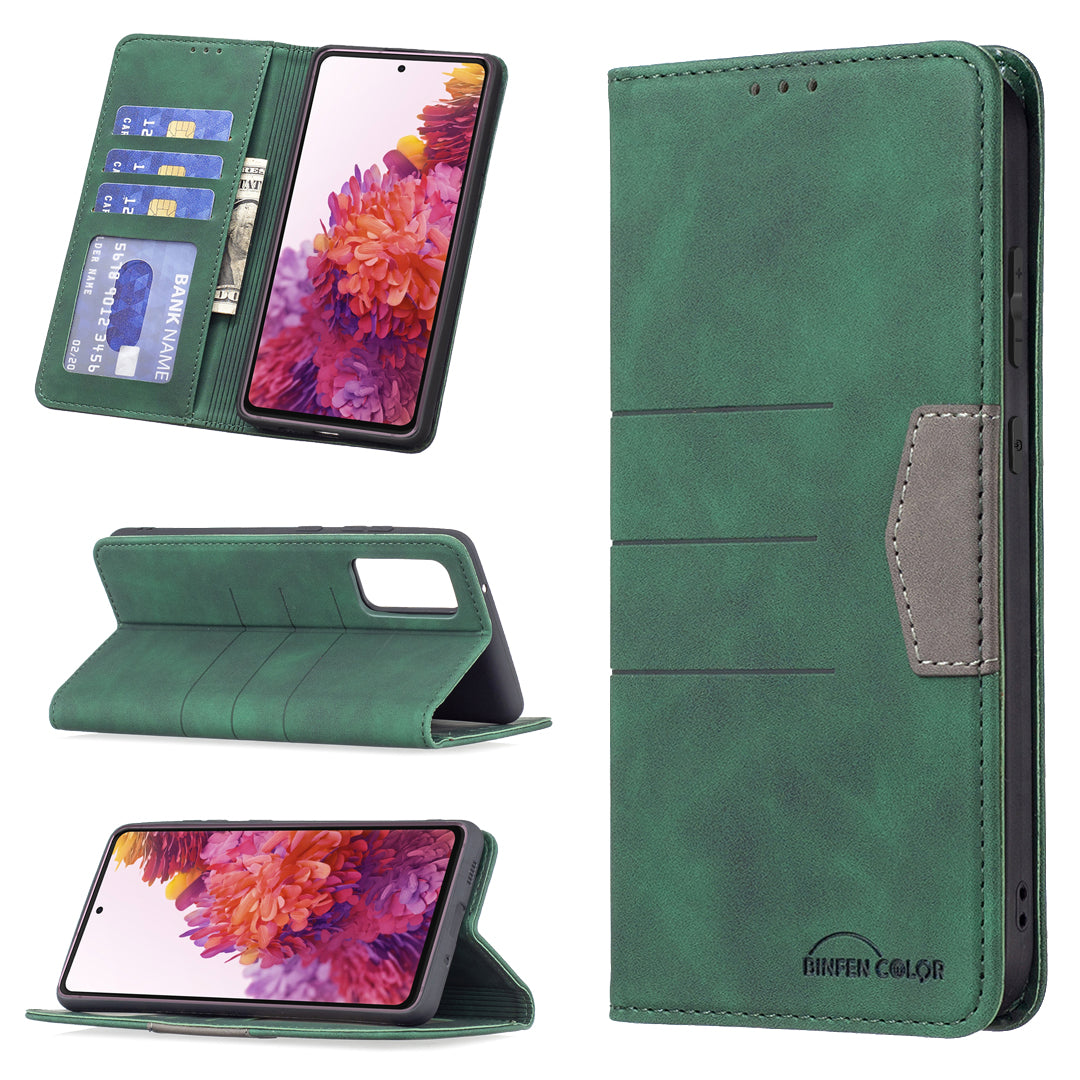 BINFEN COLOR Magnetic Auto-absorbed Wallet Shockproof Phone Stand Cover Anti-dust Phone Case Splicing Leather Shell for Samsung Galaxy S20 FE 2022/S20 FE/S20 FE 5G/S20 Lite - Green