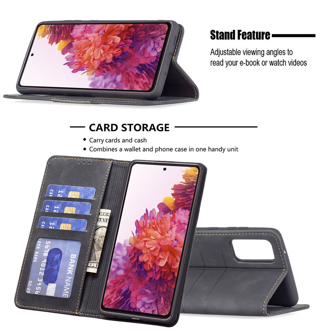 BINFEN COLOR Magnetic Auto-absorbed Wallet Shockproof Phone Stand Cover Anti-dust Phone Case Splicing Leather Shell for Samsung Galaxy S20 FE 2022/S20 FE/S20 FE 5G/S20 Lite - Black