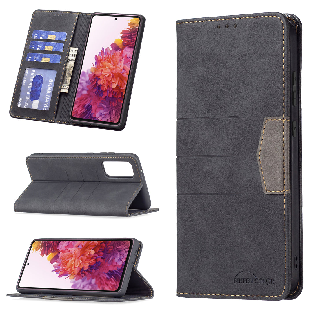 BINFEN COLOR Magnetic Auto-absorbed Wallet Shockproof Phone Stand Cover Anti-dust Phone Case Splicing Leather Shell for Samsung Galaxy S20 FE 2022/S20 FE/S20 FE 5G/S20 Lite - Black