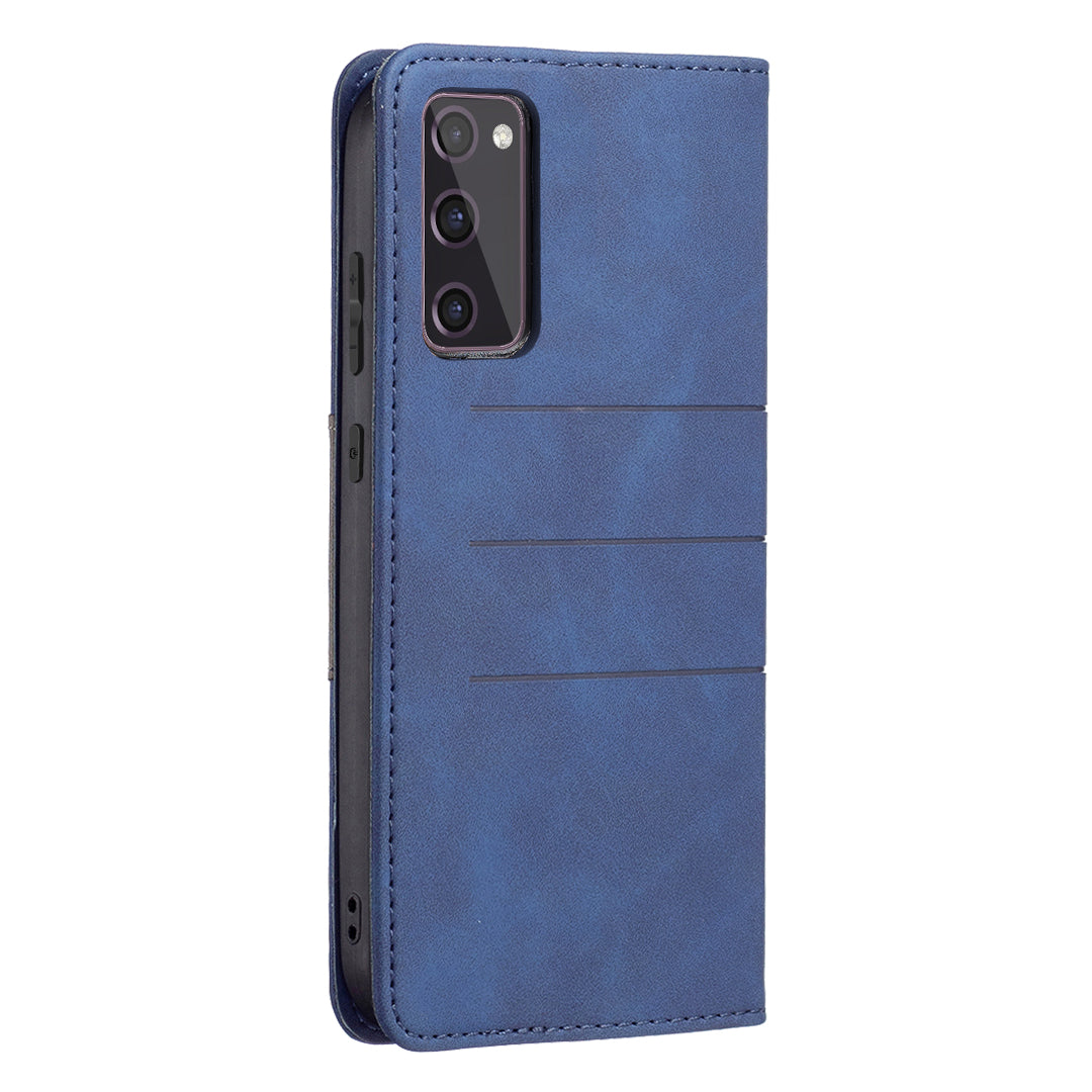 BINFEN COLOR Magnetic Auto-absorbed Wallet Shockproof Phone Stand Cover Anti-dust Phone Case Splicing Leather Shell for Samsung Galaxy S20 FE 2022/S20 FE/S20 FE 5G/S20 Lite - Blue