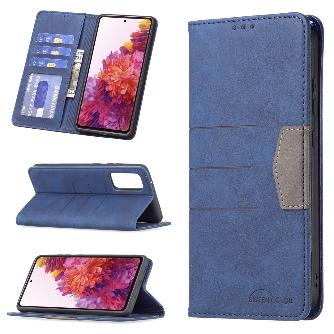 BINFEN COLOR Magnetic Auto-absorbed Wallet Shockproof Phone Stand Cover Anti-dust Phone Case Splicing Leather Shell for Samsung Galaxy S20 FE 2022/S20 FE/S20 FE 5G/S20 Lite - Blue