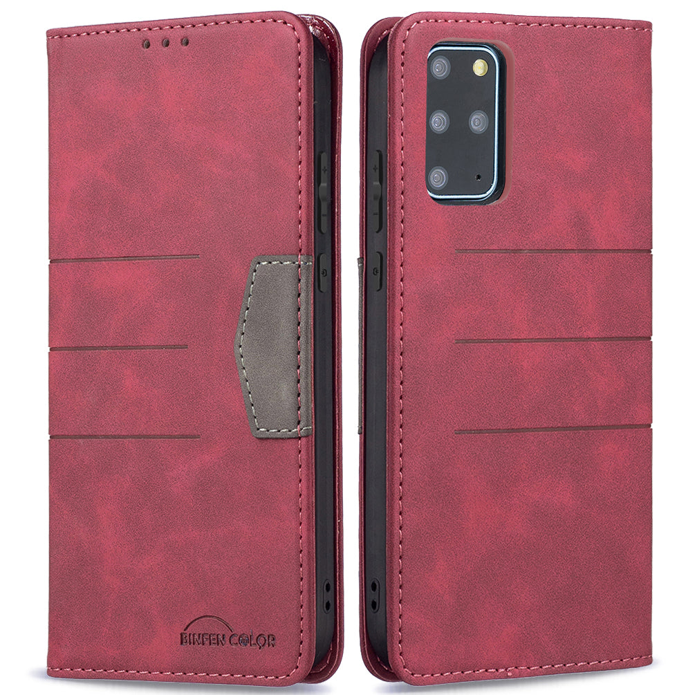 BINFEN COLOR For Samsung Galaxy S20 Plus 4G/5G Anti-scratch Phone Flip Cover Auto-absorption Anti-dust Phone Case Splicing Leather Wallet - Red